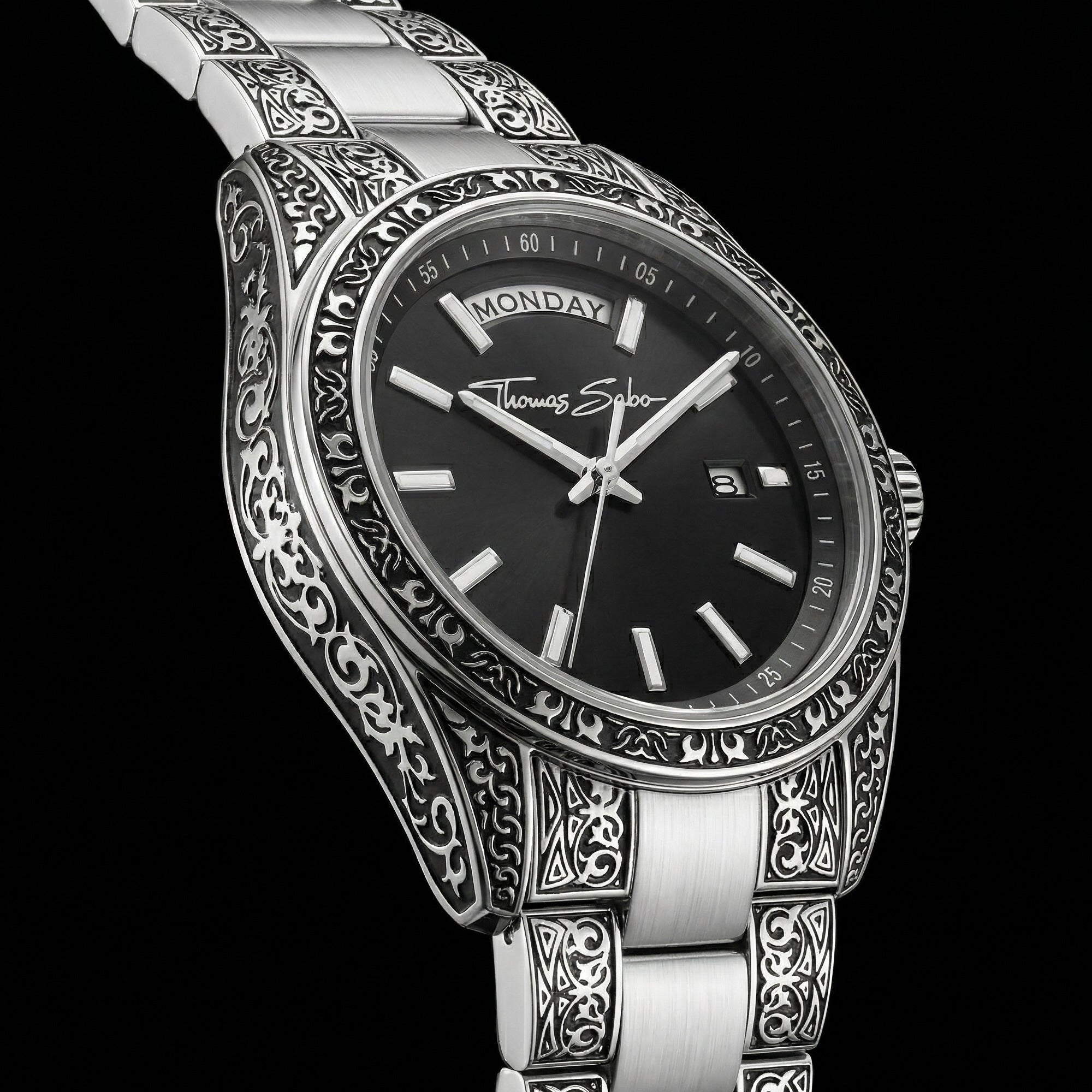 Right side tilted angle of Thomas Sabo Rebel At Heart Revive 36mm black dial watch.