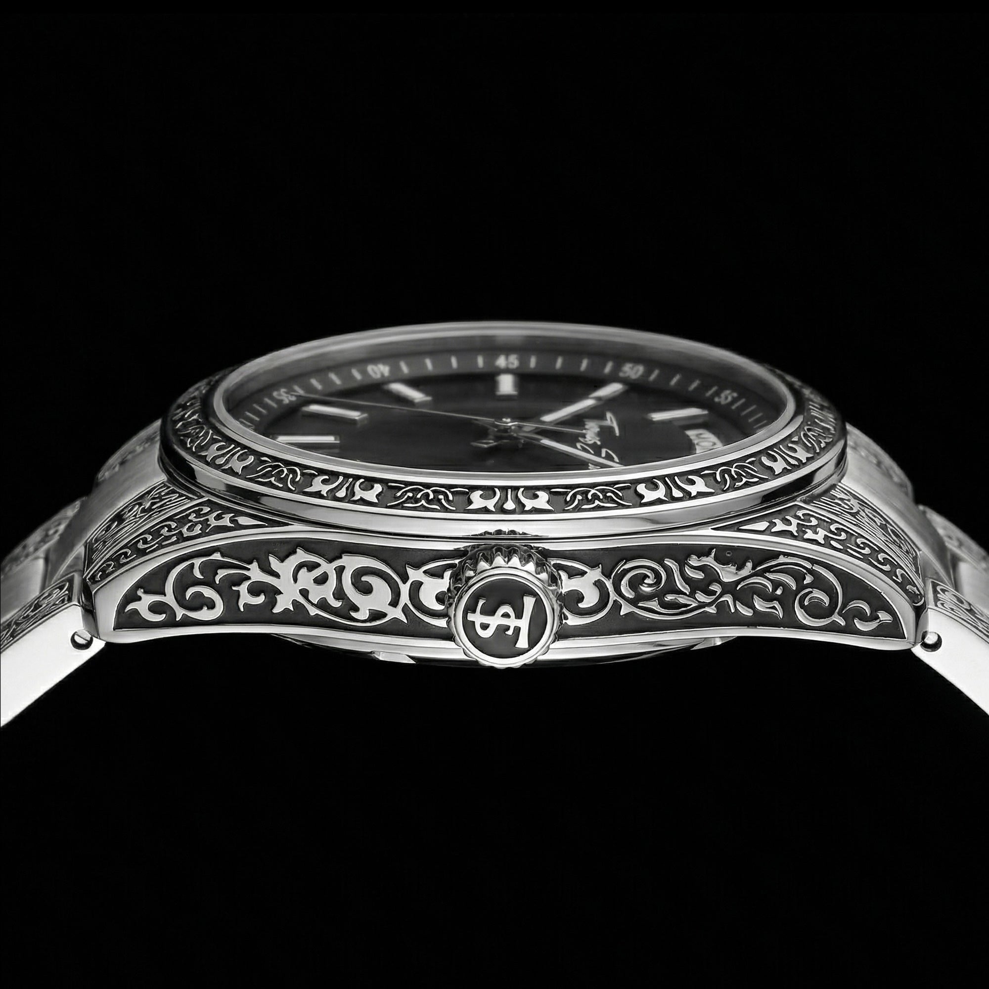 Side view of Thomas Sabo Rebel At Heart Revive 36mm black dial watch.