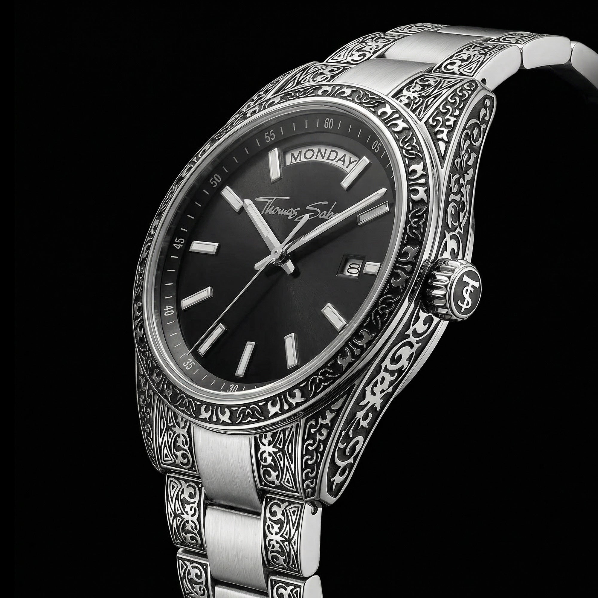Tilted side angle of Thomas Sabo Rebel At Heart Revive 36mm black dial watch.