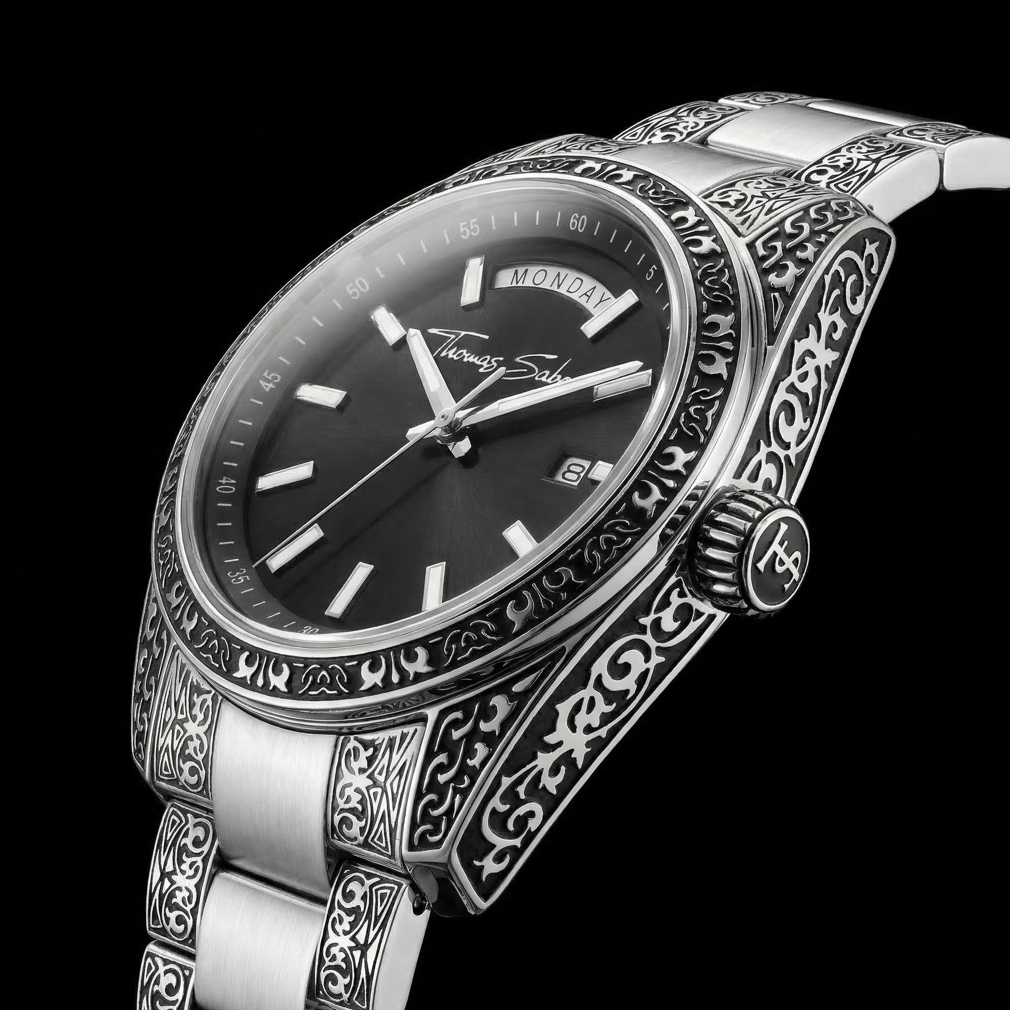 Tilted side angle of Thomas Sabo Rebel At Heart Revive 40mm black dial watch.