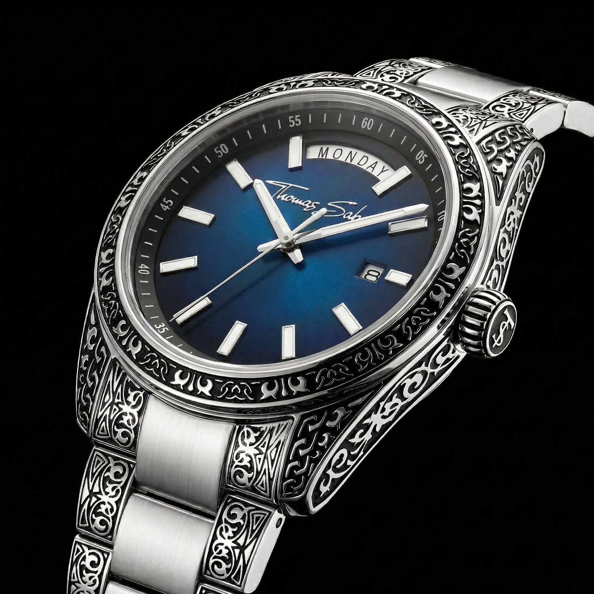 Tilted side angle of Thomas Sabo Rebel At Heart Revive 40mm blue dial watch.