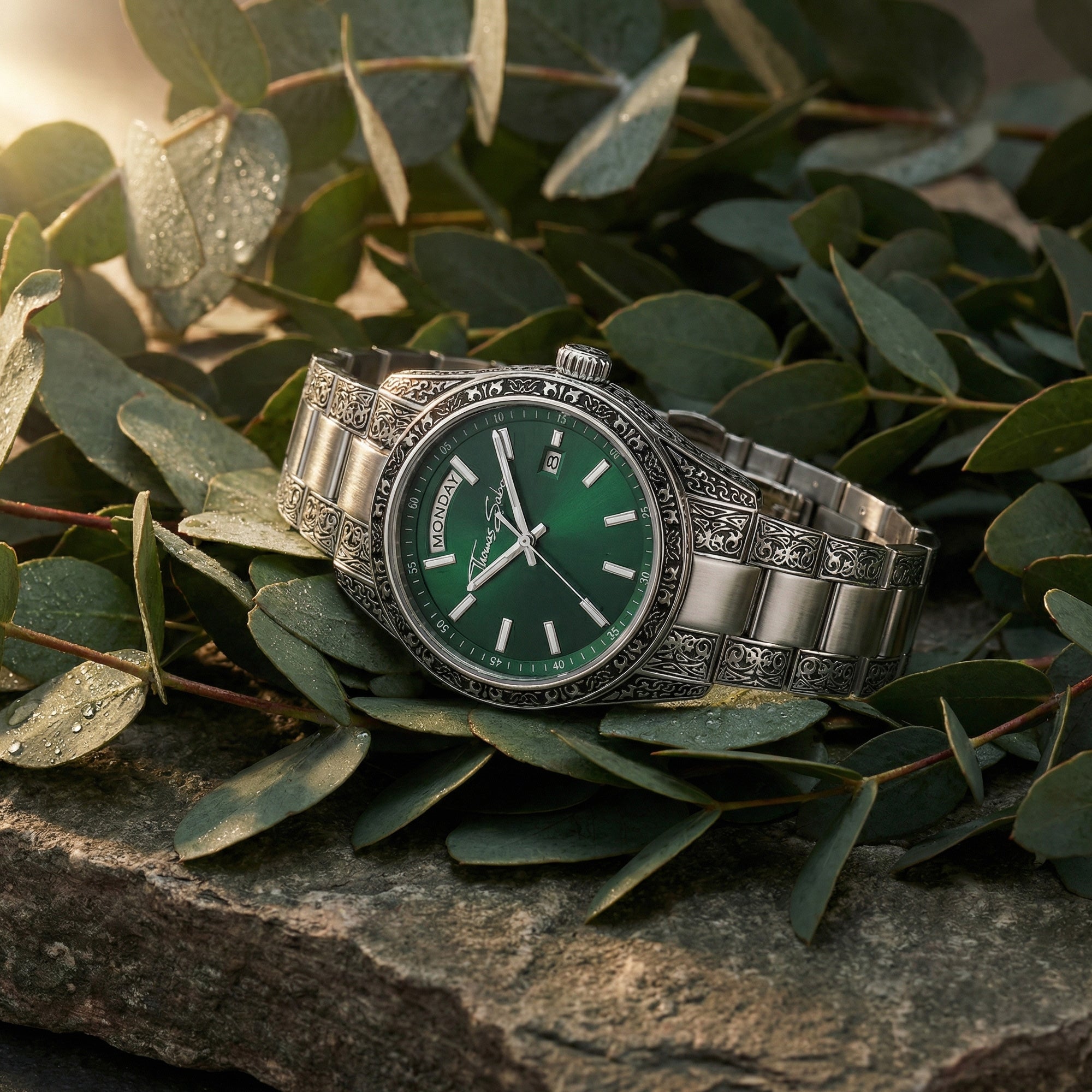 Thomas Sabo Rebel At Heart Revive 36mm green dial watch resting on a bed of eucalyptus leaves on a rough stone surface.