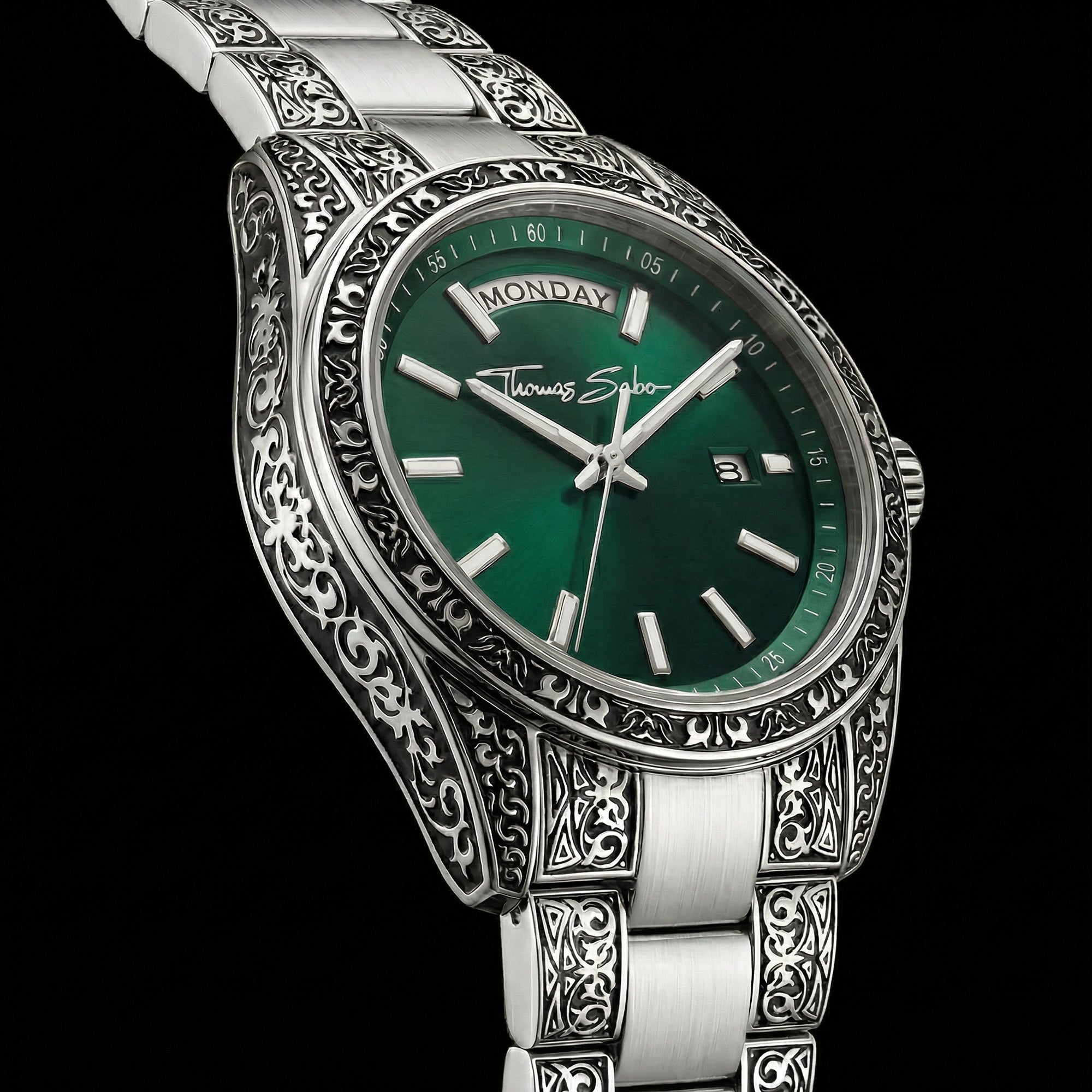 Right side tilted angle of Thomas Sabo Rebel At Heart Revive 36mm green dial watch.