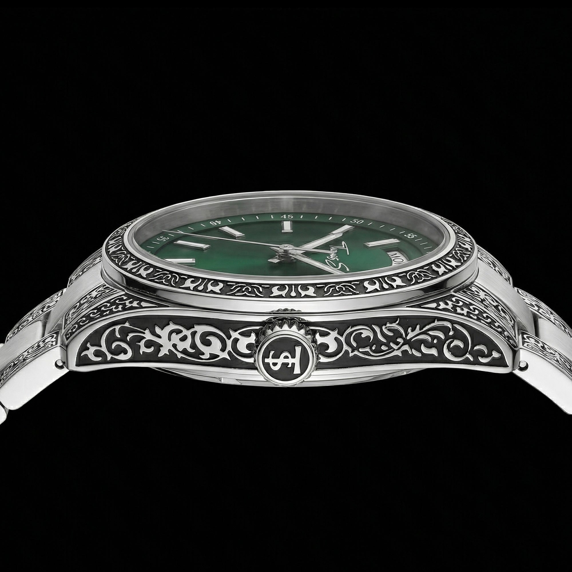 Side view of Thomas Sabo Rebel At Heart Revive 36mm green dial watch.