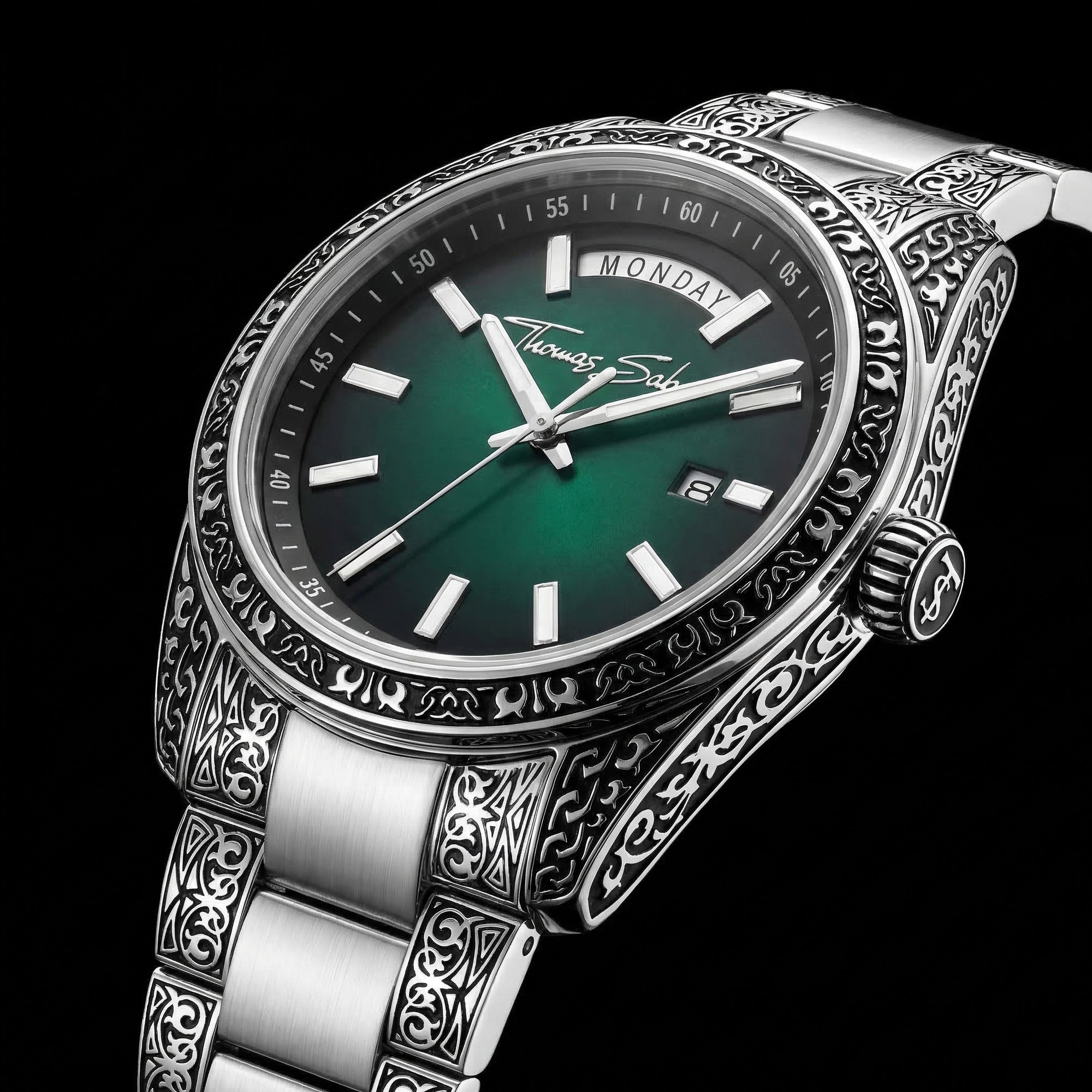 Tilted side angle of Thomas Sabo Rebel At Heart Revive 36mm green dial watch.