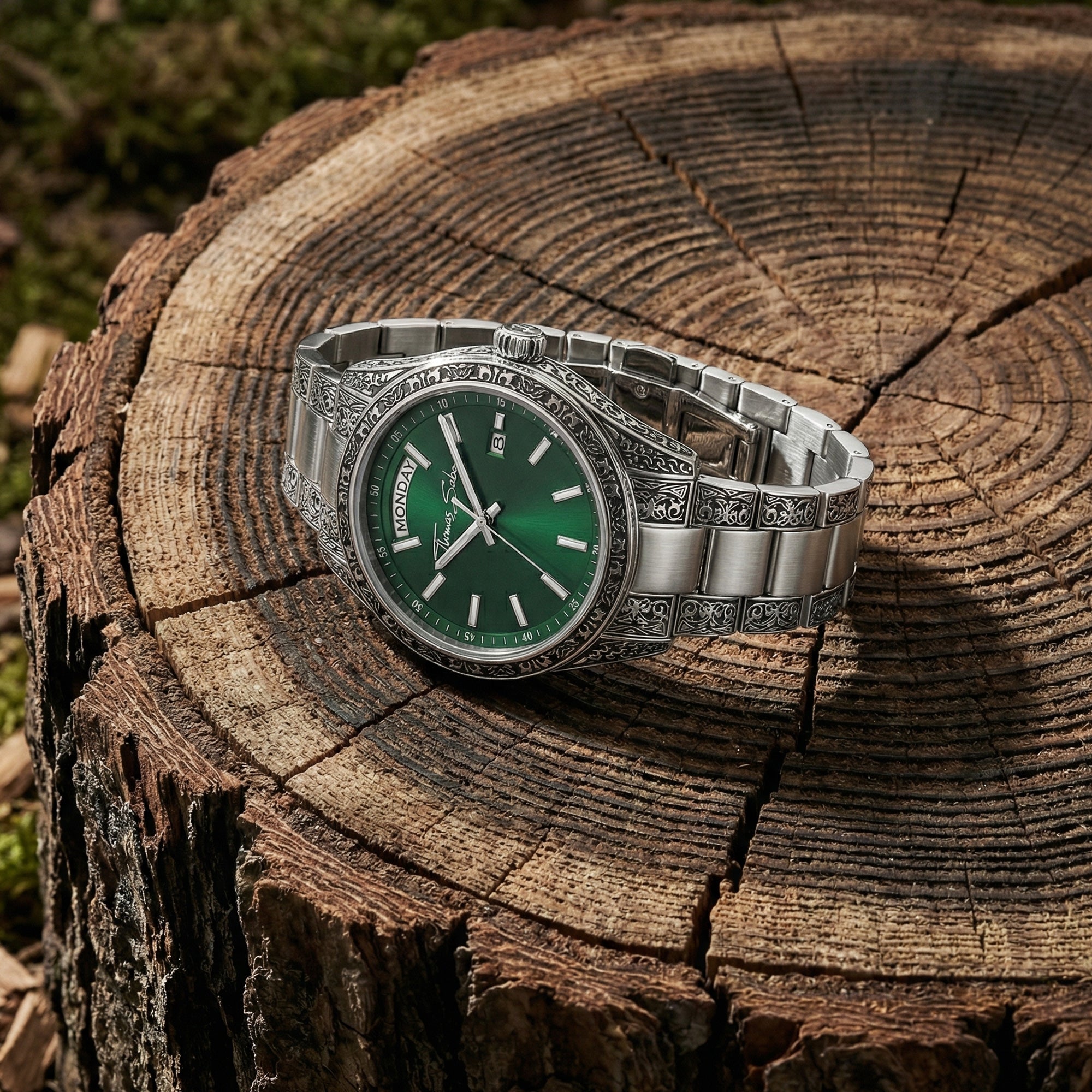 Thomas Sabo Rebel At Heart Revive 36mm green dial watch resting on the cross-section of a tree trunk.