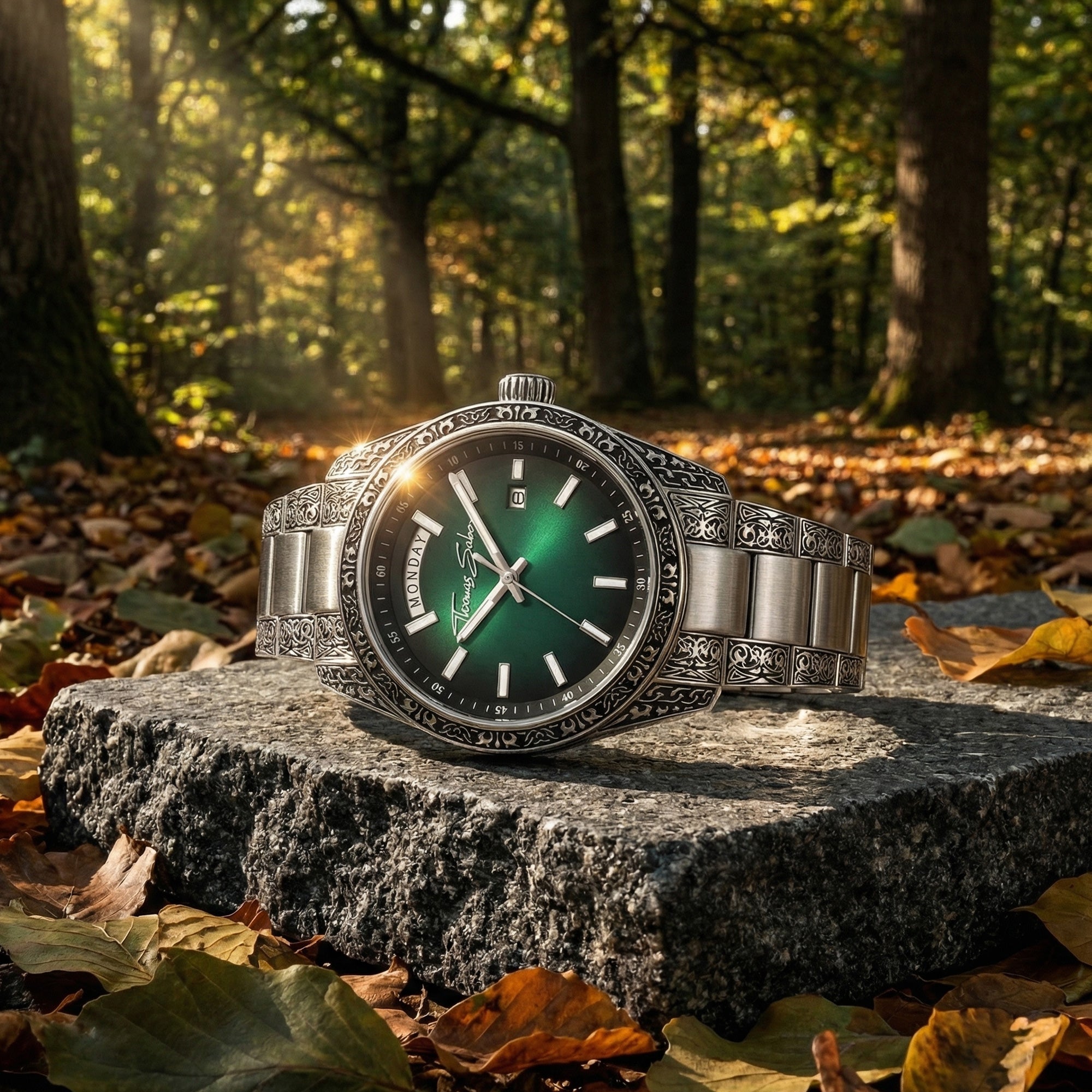 Thomas Sabo Rebel At Heart Revive 40mm green dial watch laying on a piece of black granite in a forest canopy with dappled light breaking through the treetops.
