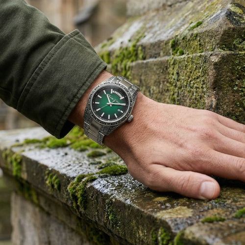 Man wearing a Thomas Sabo Rebel At Heart Revive 40mm green dial watch wresting his hand on the moss-covered block work of an old building.