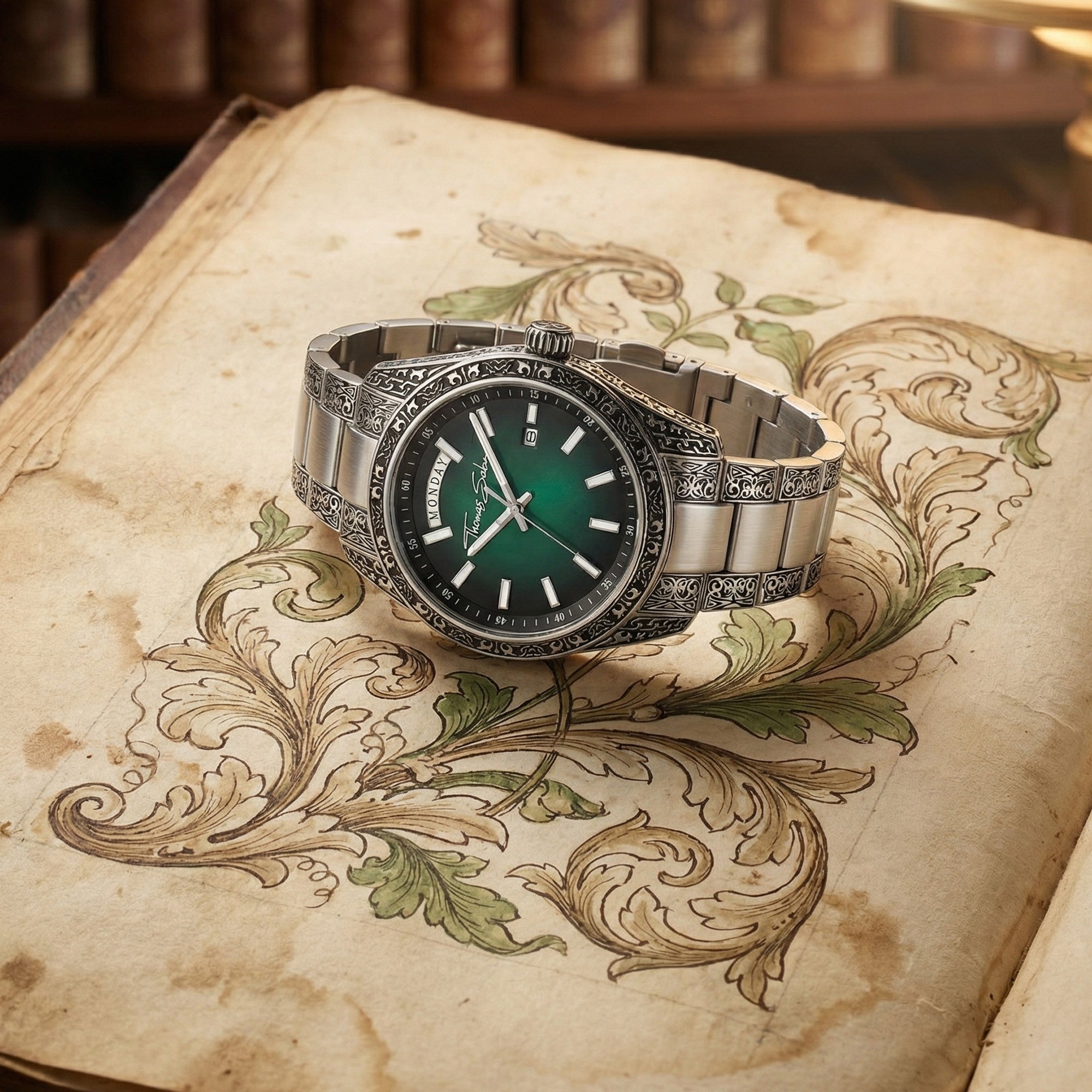Thomas Sabo Rebel At Heart Revive 40mm green dial watch laying on the page of an old manuscript depicting botanical illustrations of acanthus.