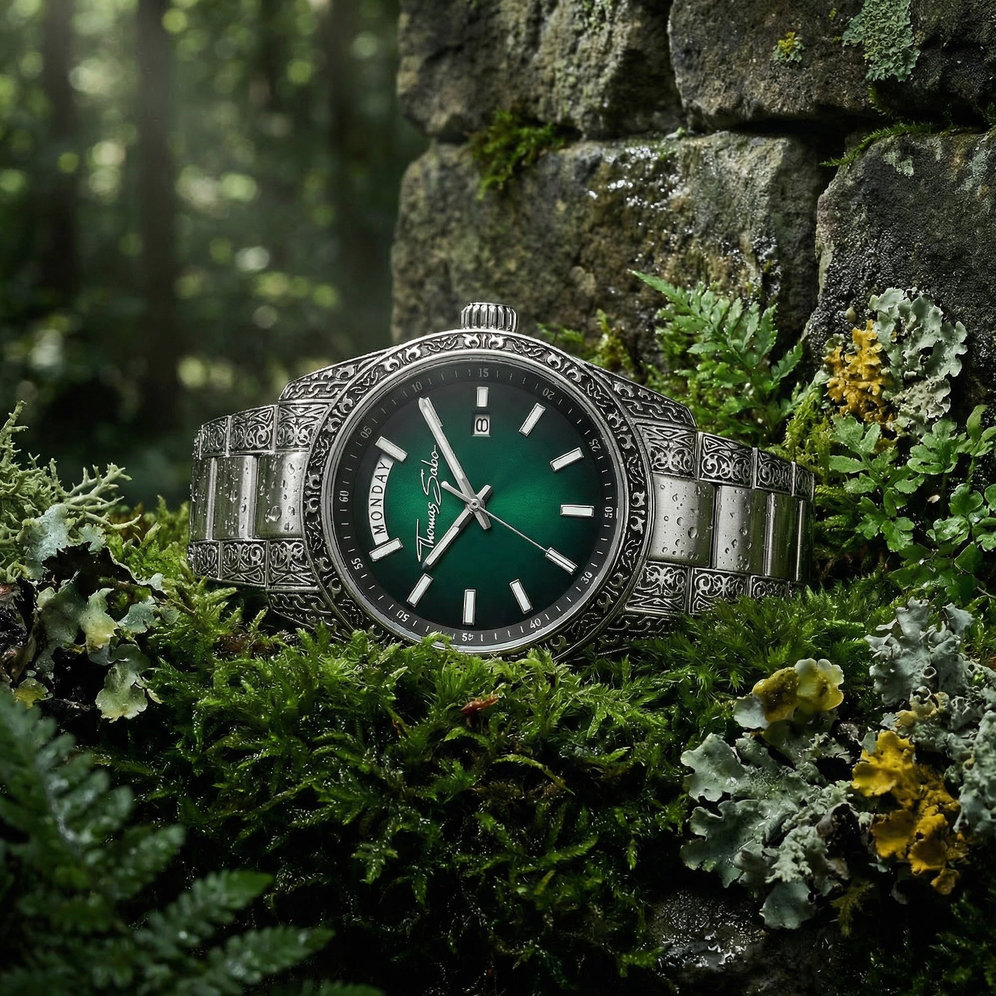 Thomas Sabo Rebel At Heart Revive 40mm green dial watch laying on a bed of moss and lichen at the base of an ancient stone wall.