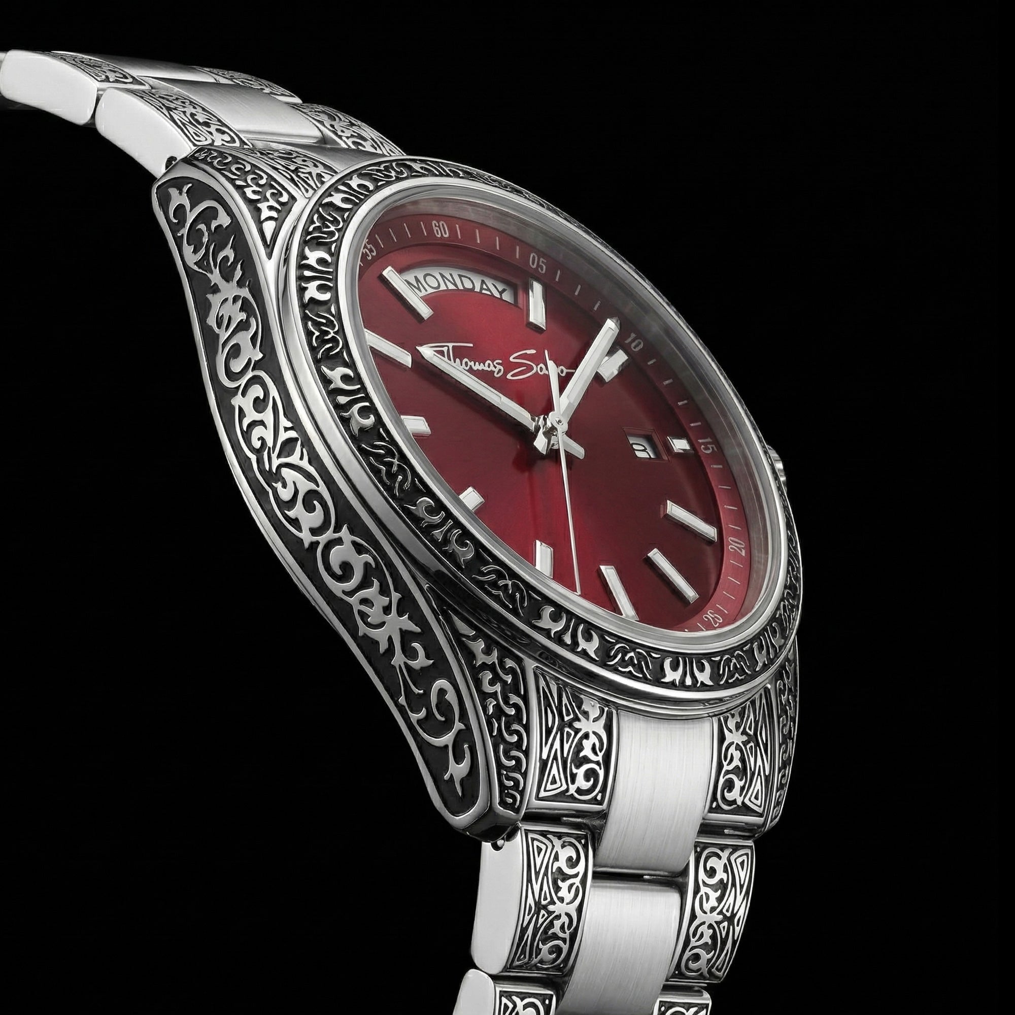 Right side tilted angle of Thomas Sabo Rebel At Heart Revive 36mm red dial watch.