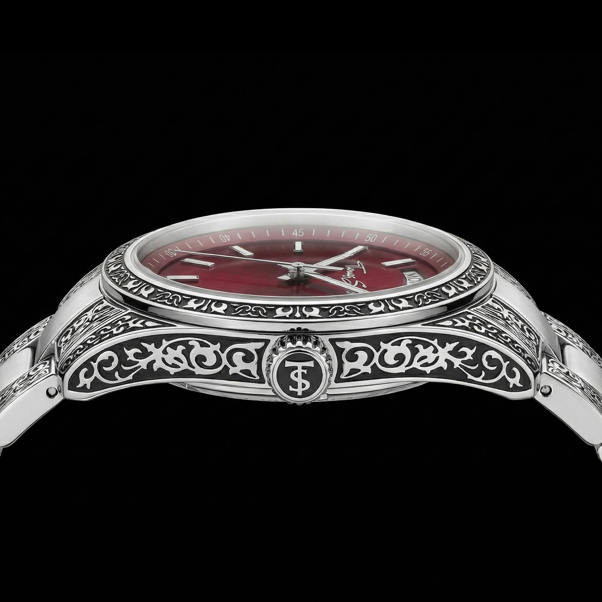 Side view of Thomas Sabo Rebel At Heart Revive 36mm red dial watch.