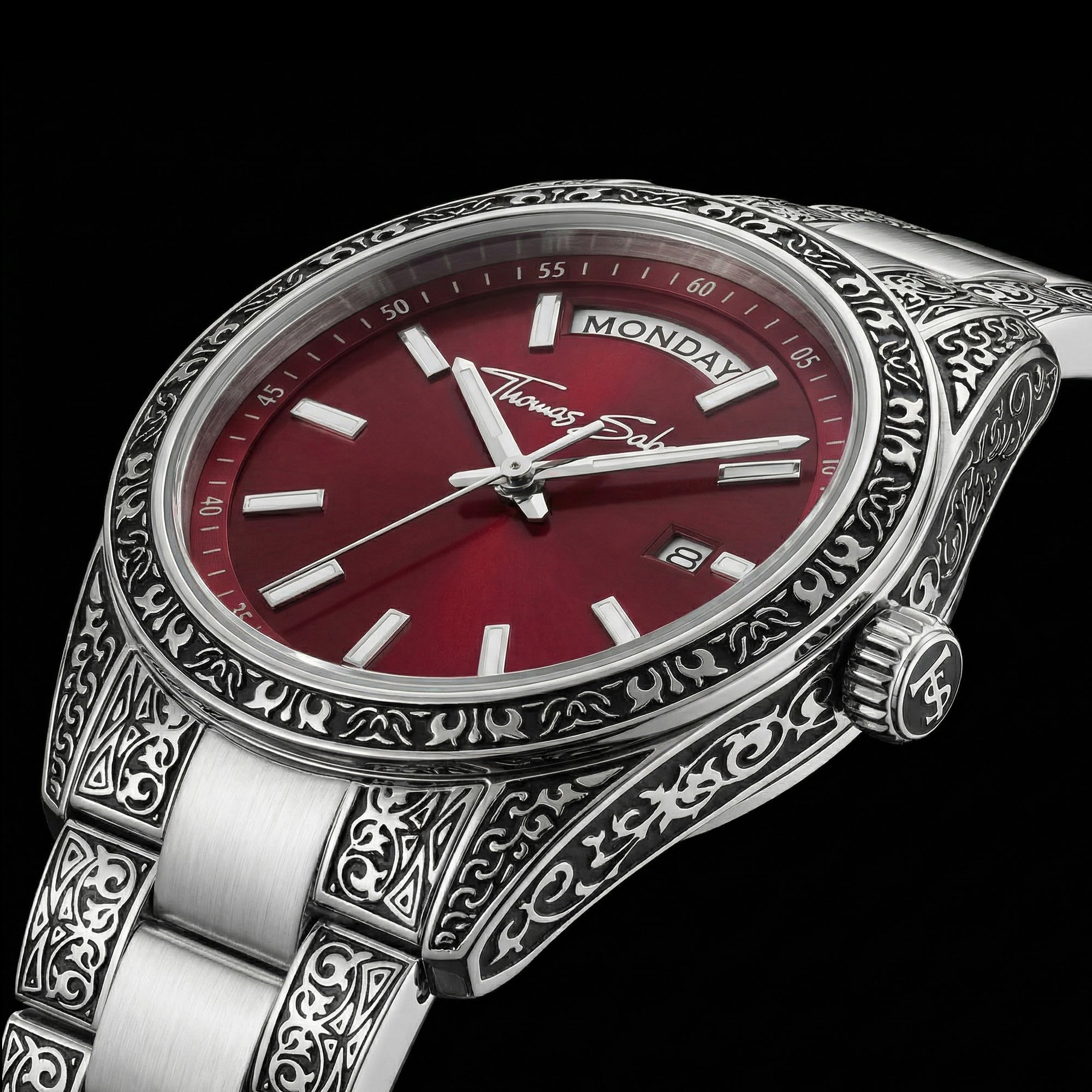 Tilted side angle of Thomas Sabo Rebel At Heart Revive 36mm red dial watch.