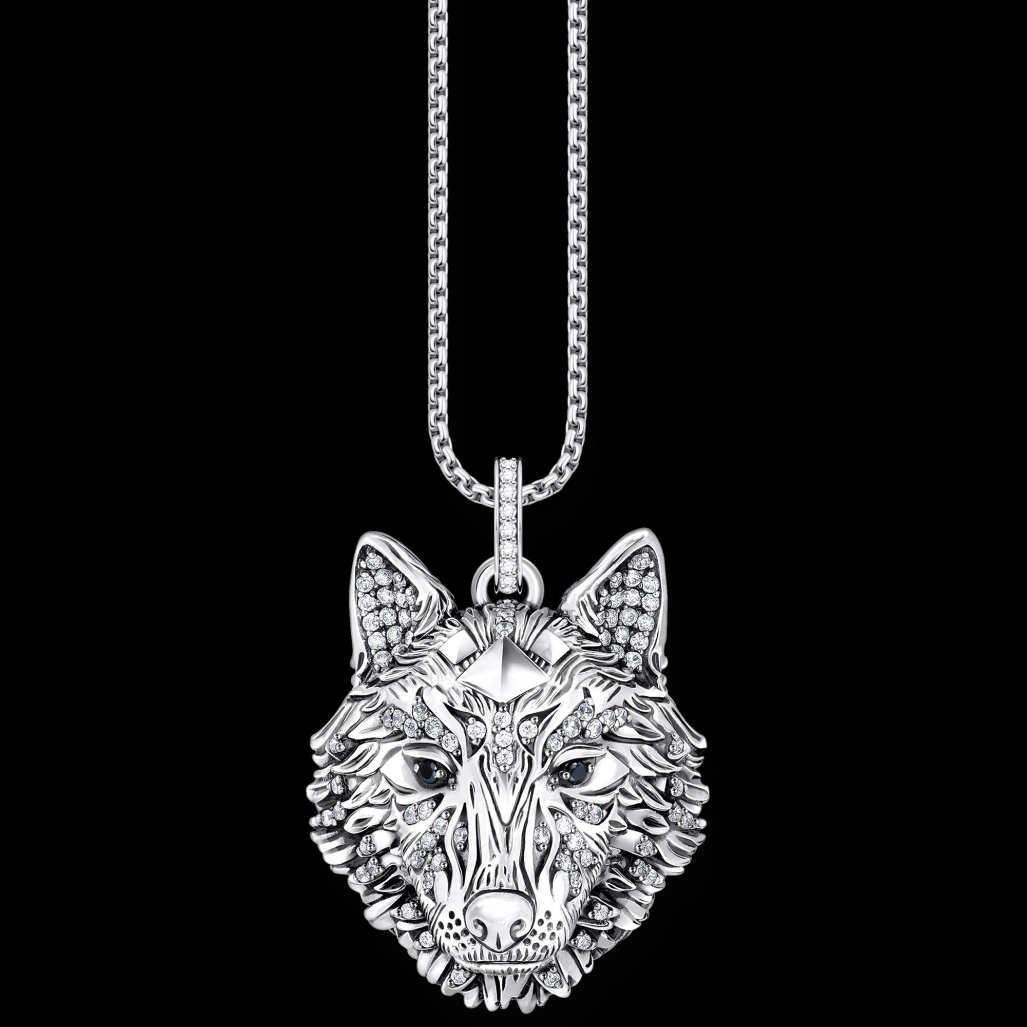 Thomas Sabo Rebel Wolf Head sterling silver pendant on a chain.