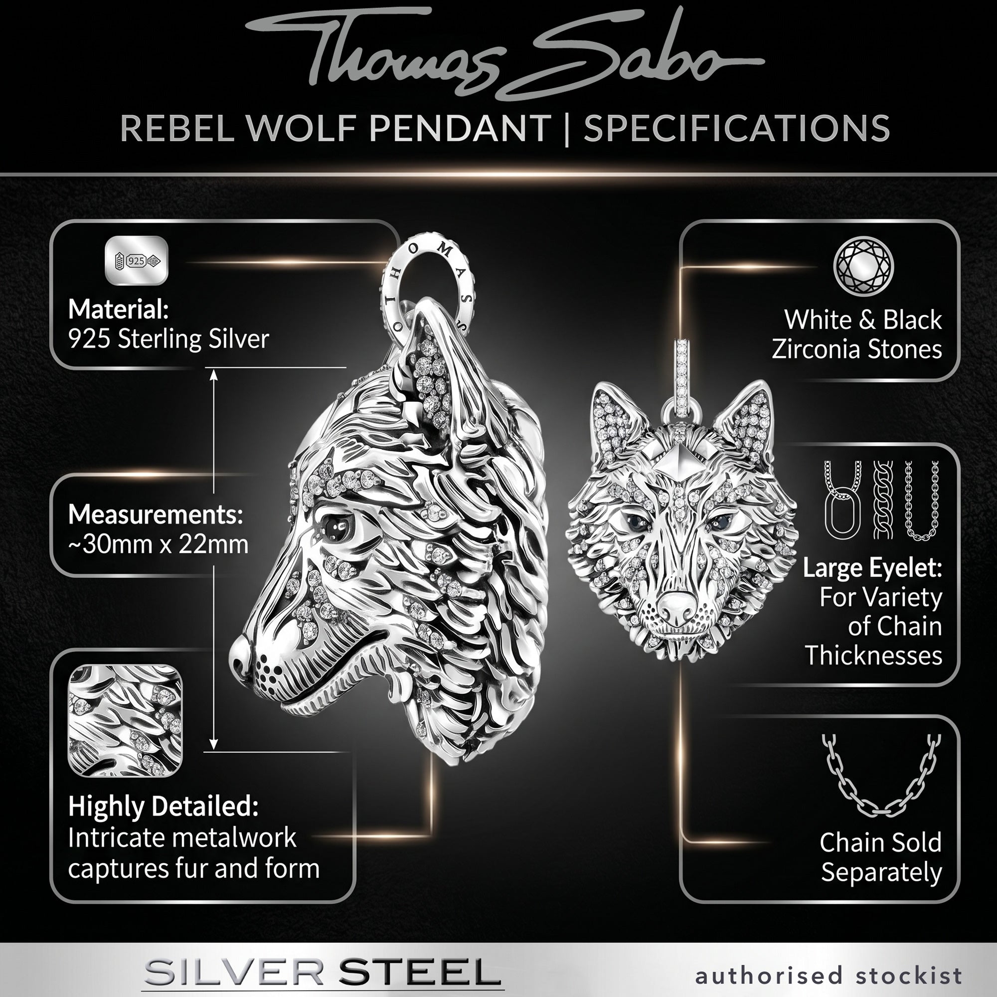 Thomas Sabo Rebel Wolf head silver pendant infographic featuring specifications including measurements and design details.