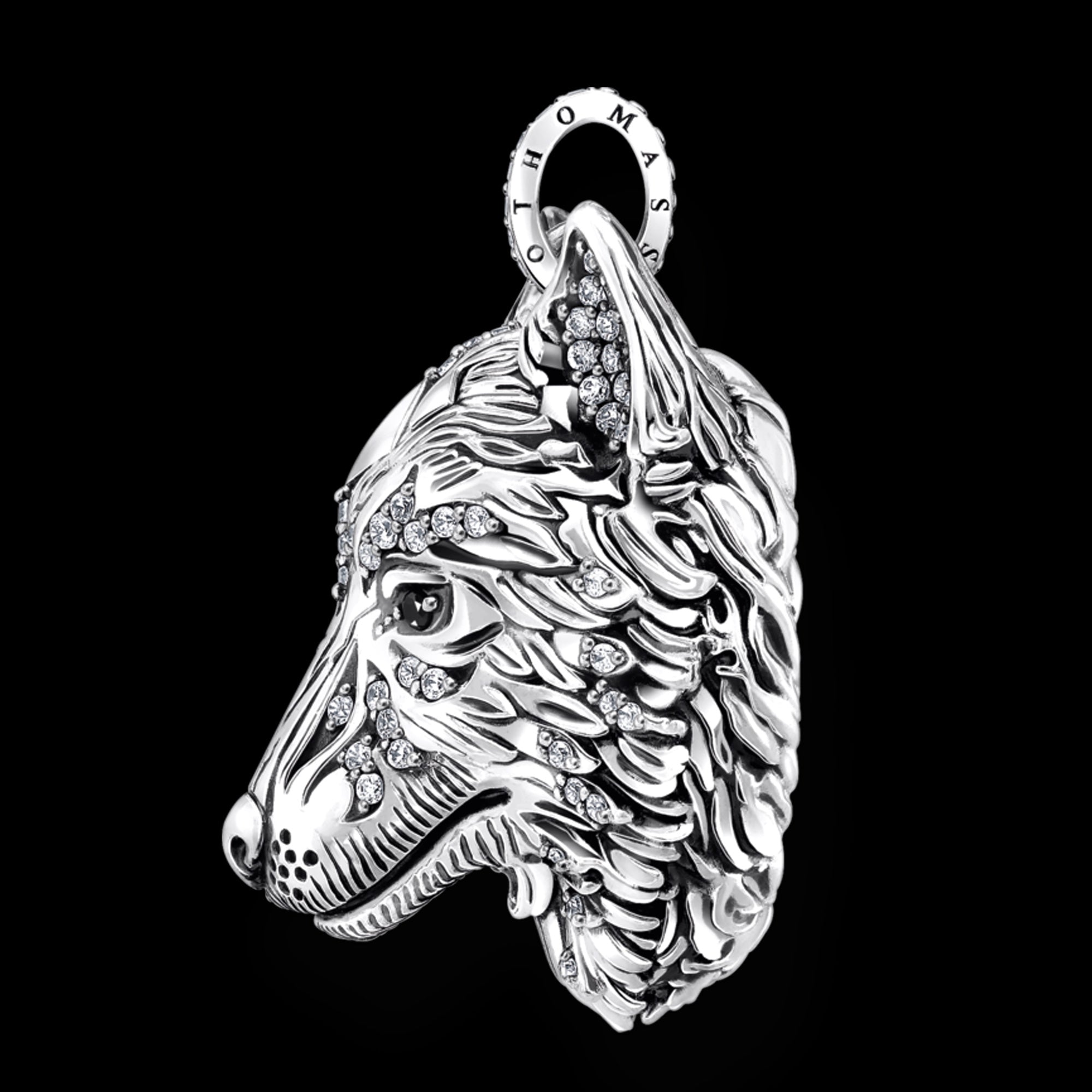 Side view of Thomas Sabo Rebel Wolf Head sterling silver pendant.