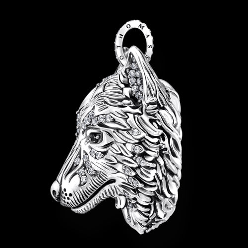 Side view of Thomas Sabo Rebel Wolf Head sterling silver pendant.