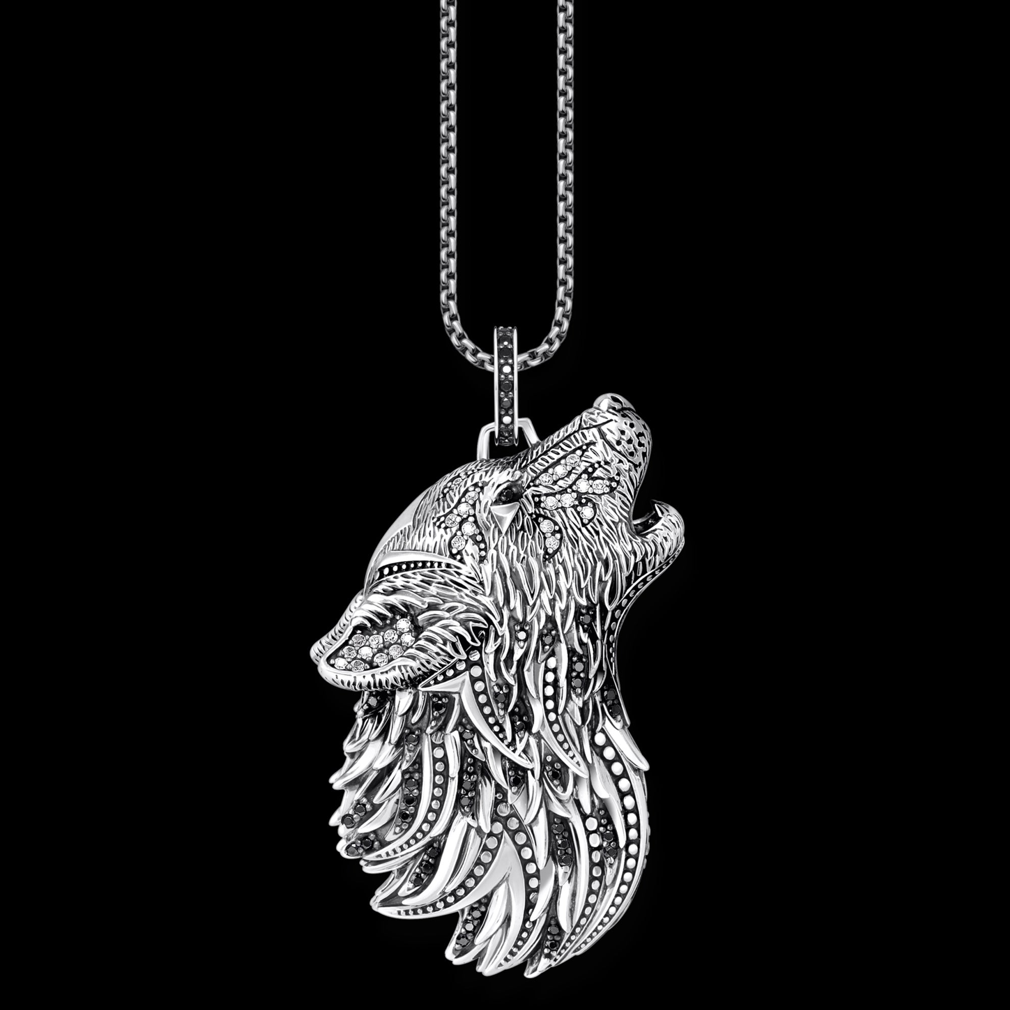 Thomas Sabo Rebel Wolf sterling silver pendant on a chain.