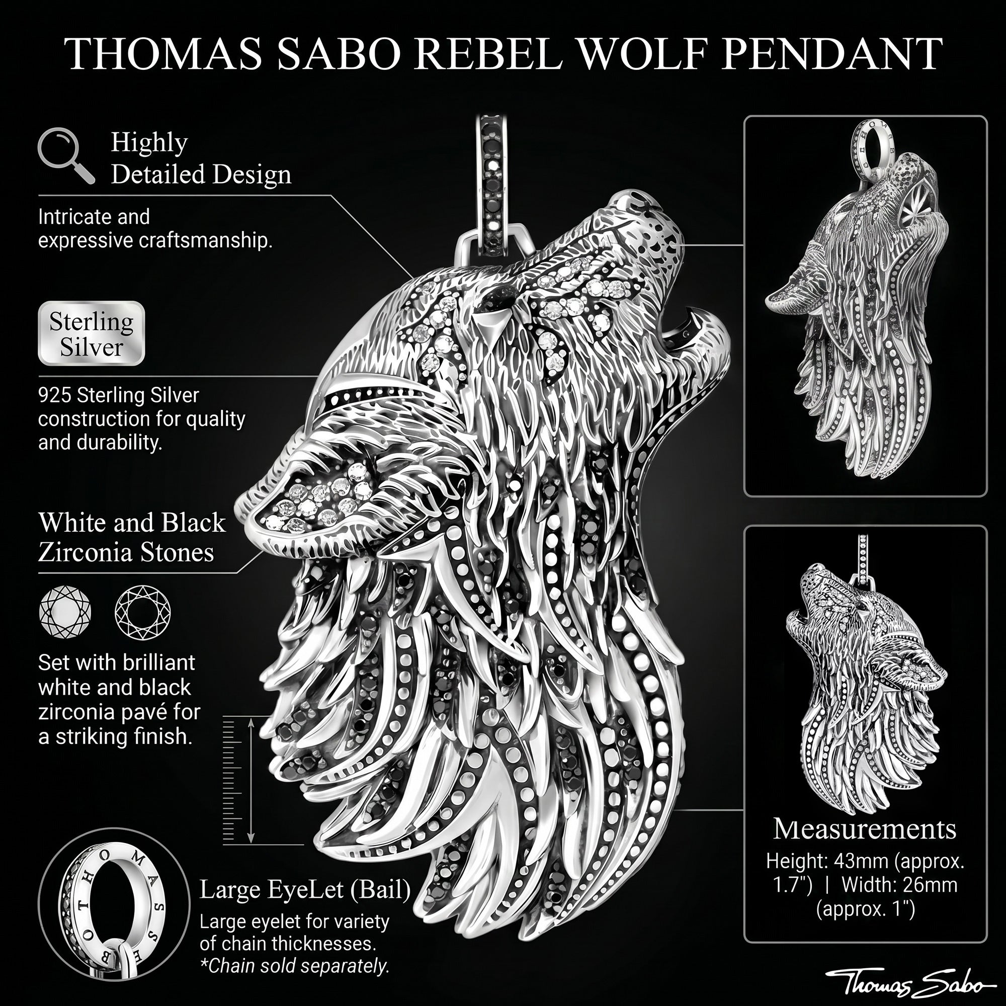 Thomas Sabo Rebel Wolf silver pendant infographic featuring specifications including measurements and design details.