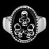 Front view of a three skulls stainless steel men's signet ring.