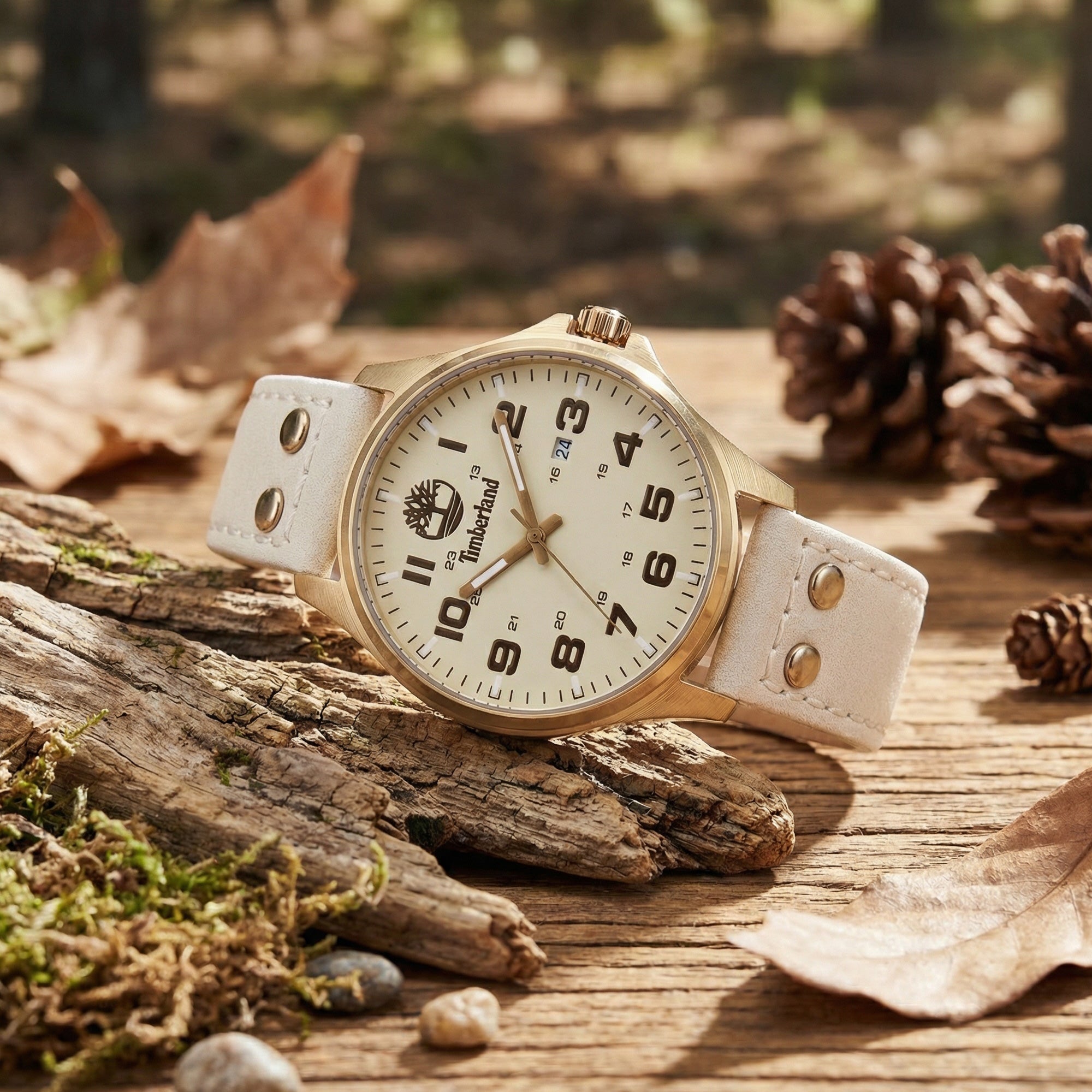 Timberland Alstead gold sand dial leather strap watch in an outdoor setting.