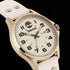 Side view of Timberland Alstead gold sand dial leather strap watch.