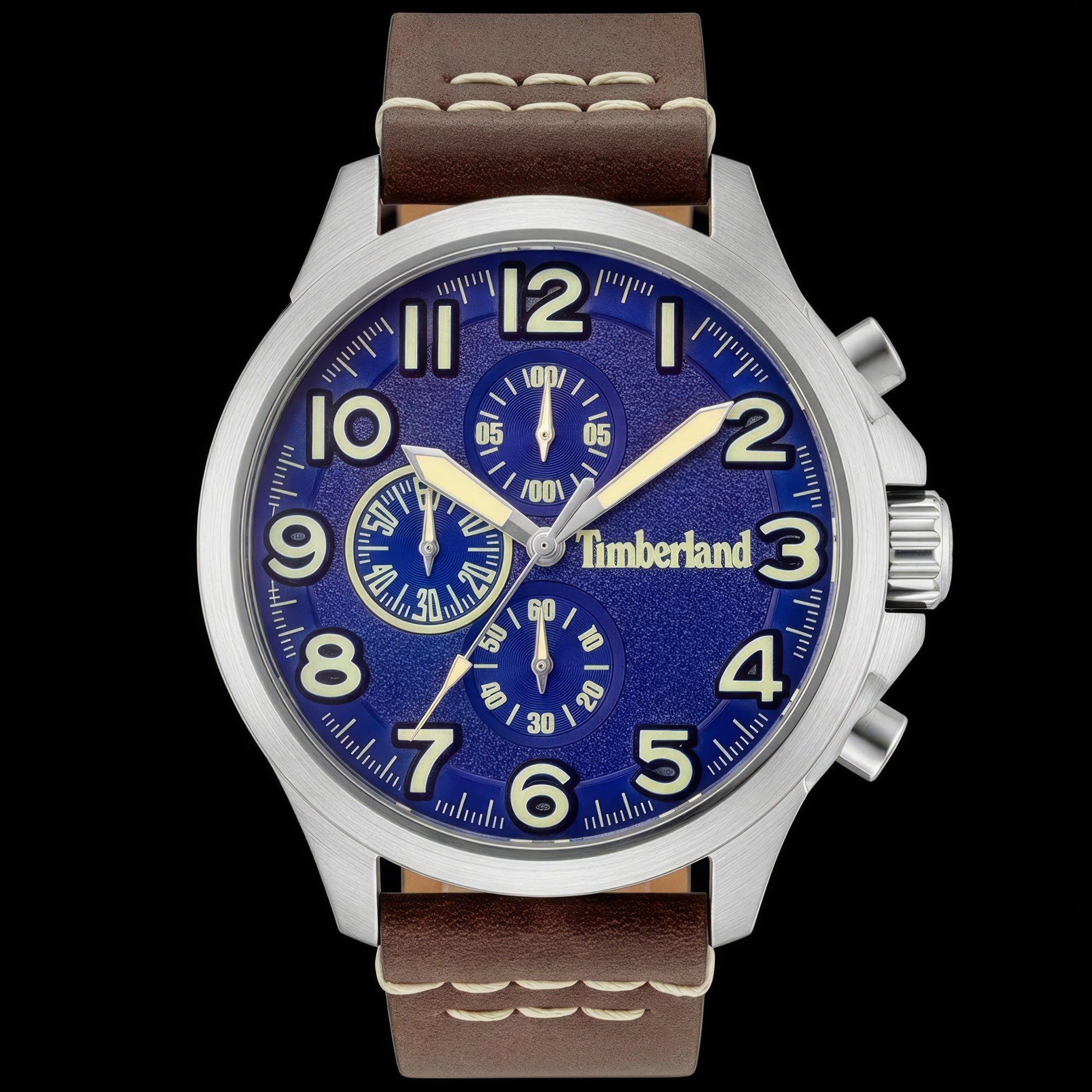 Front view of Timberland Brenton blue dial brown leather watch.