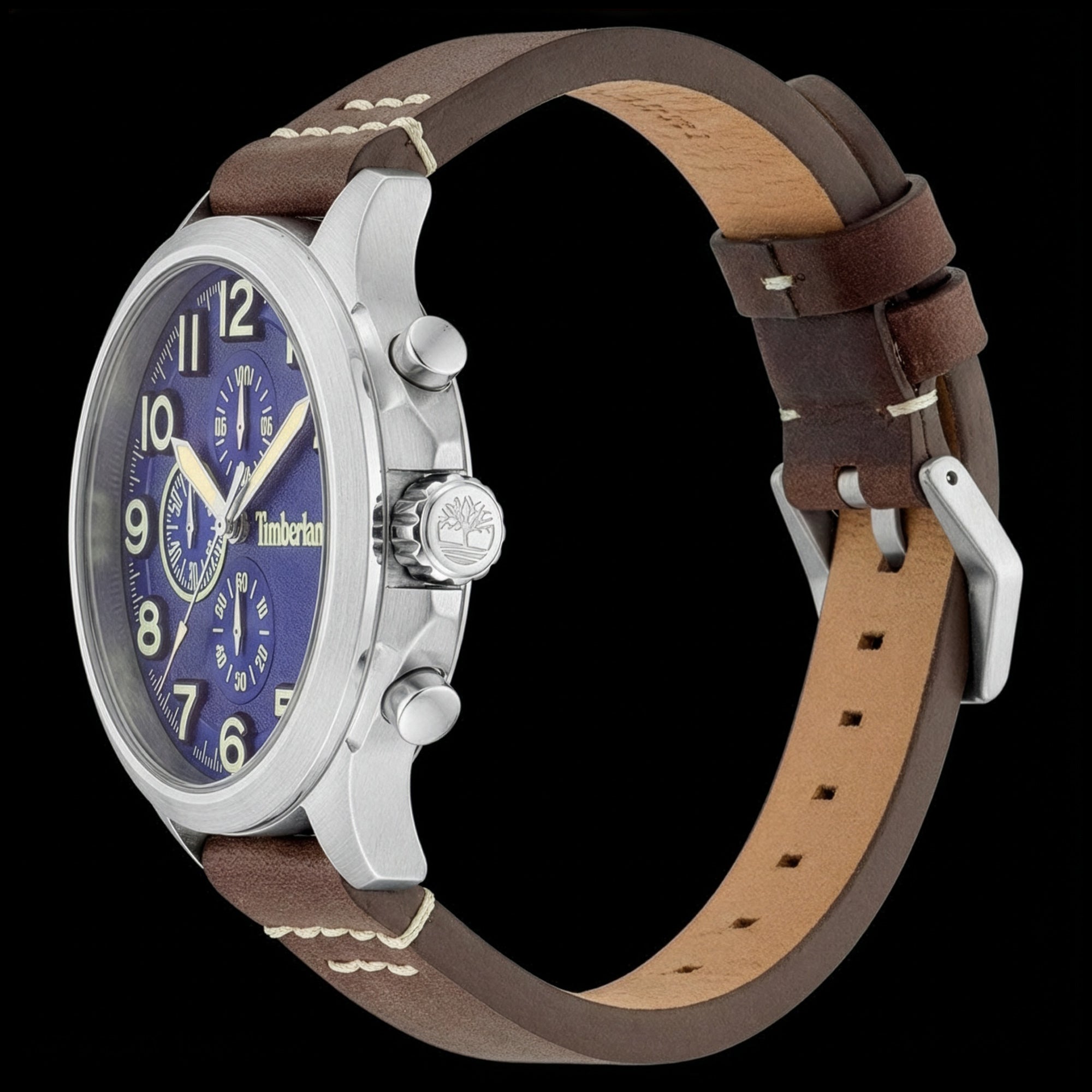 Side view of Timberland Brenton blue dial brown leather watch.