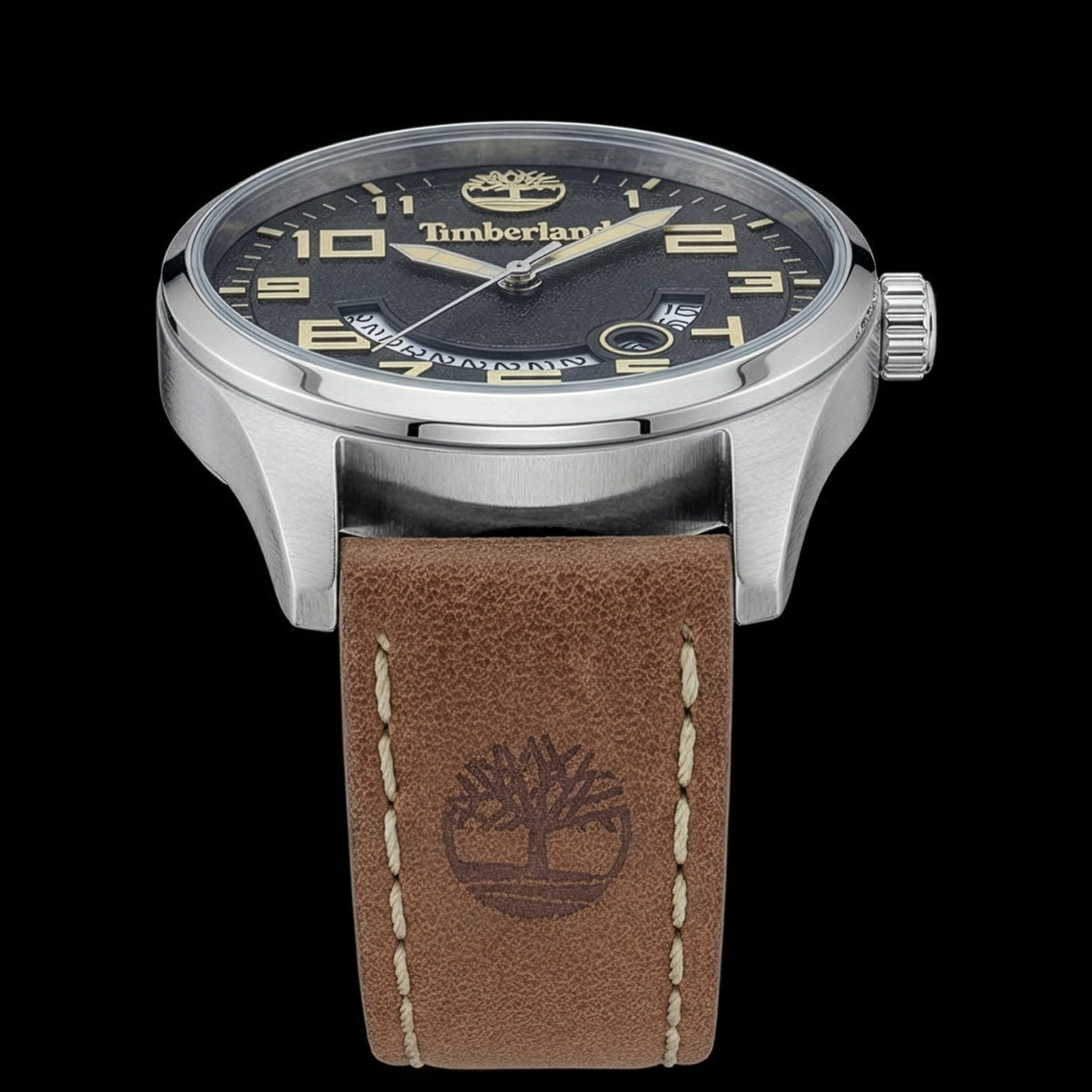 Side angle of Timberland Lemington silver black dial tan leather watch.