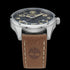 Side angle of Timberland Lemington silver black dial tan leather watch.