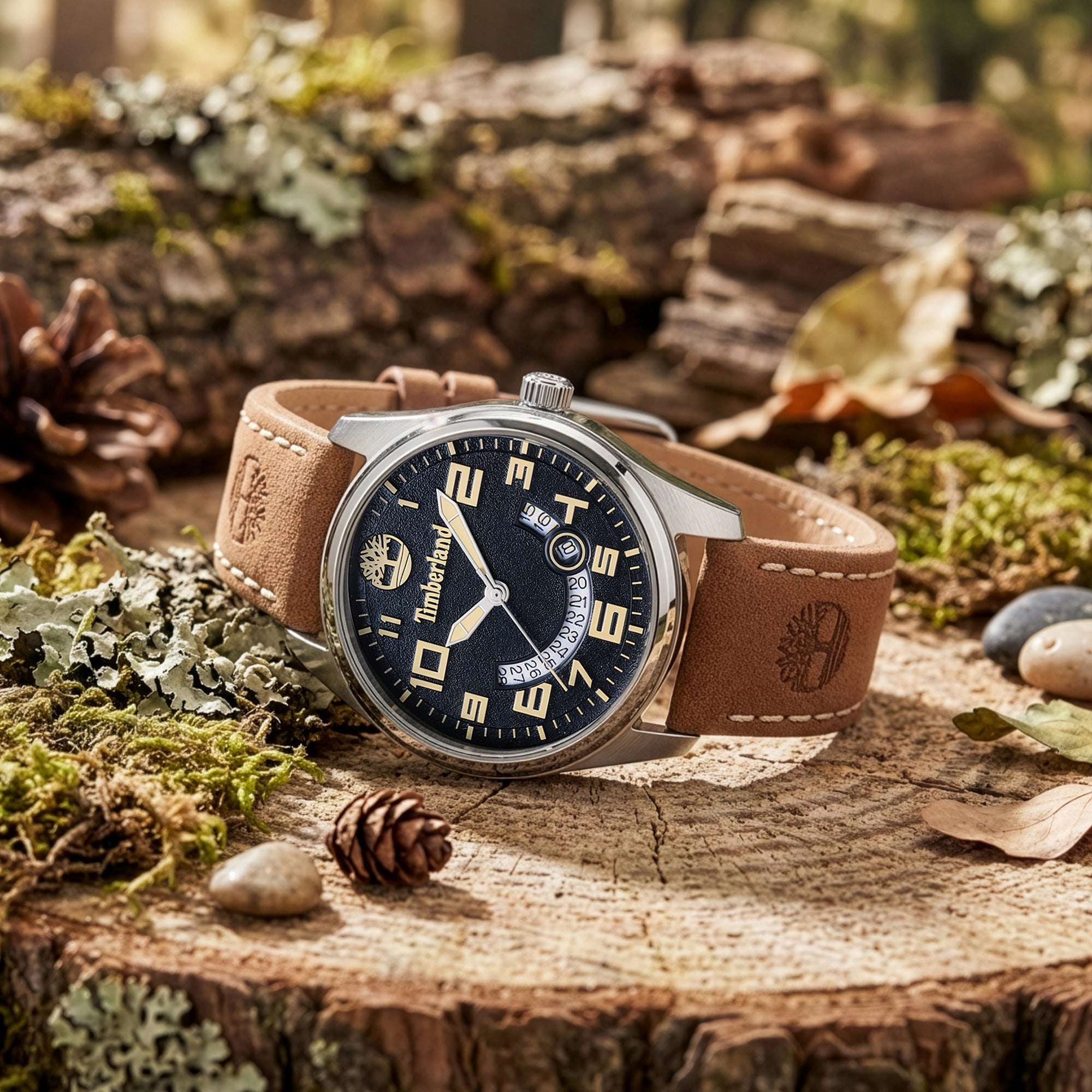 Timberland Lemington silver black dial tan leather watch in a bush setting.