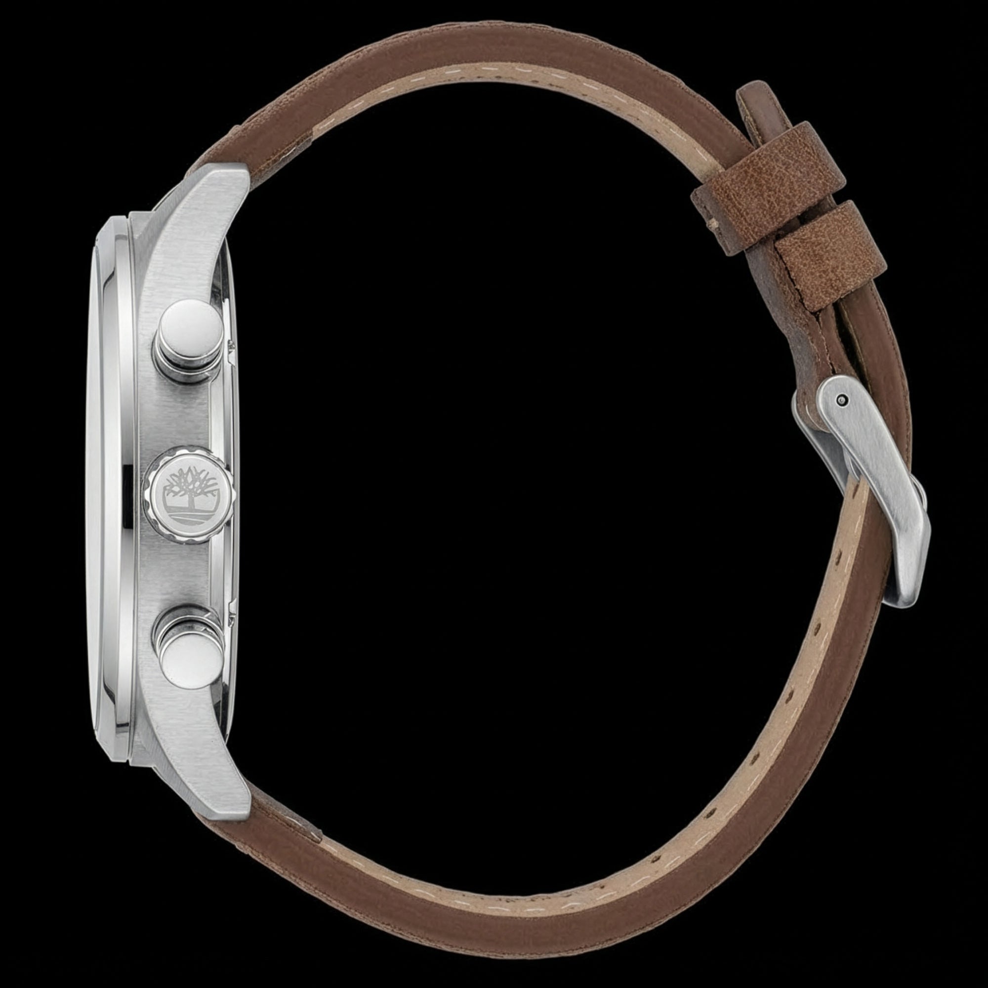 Side view of Timberland Lemington silver black dial tan leather watch.