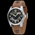 Timberland Lemington silver black dial tan leather watch tilted to the left.