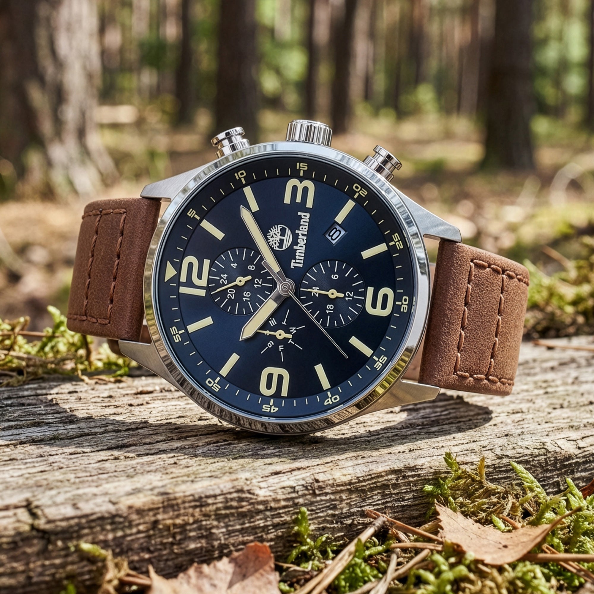 Timberland Rutherford black dial brown leather watch in a bush setting.
