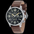 Timberland Rutherford black dial brown leather watch tilted to the left.