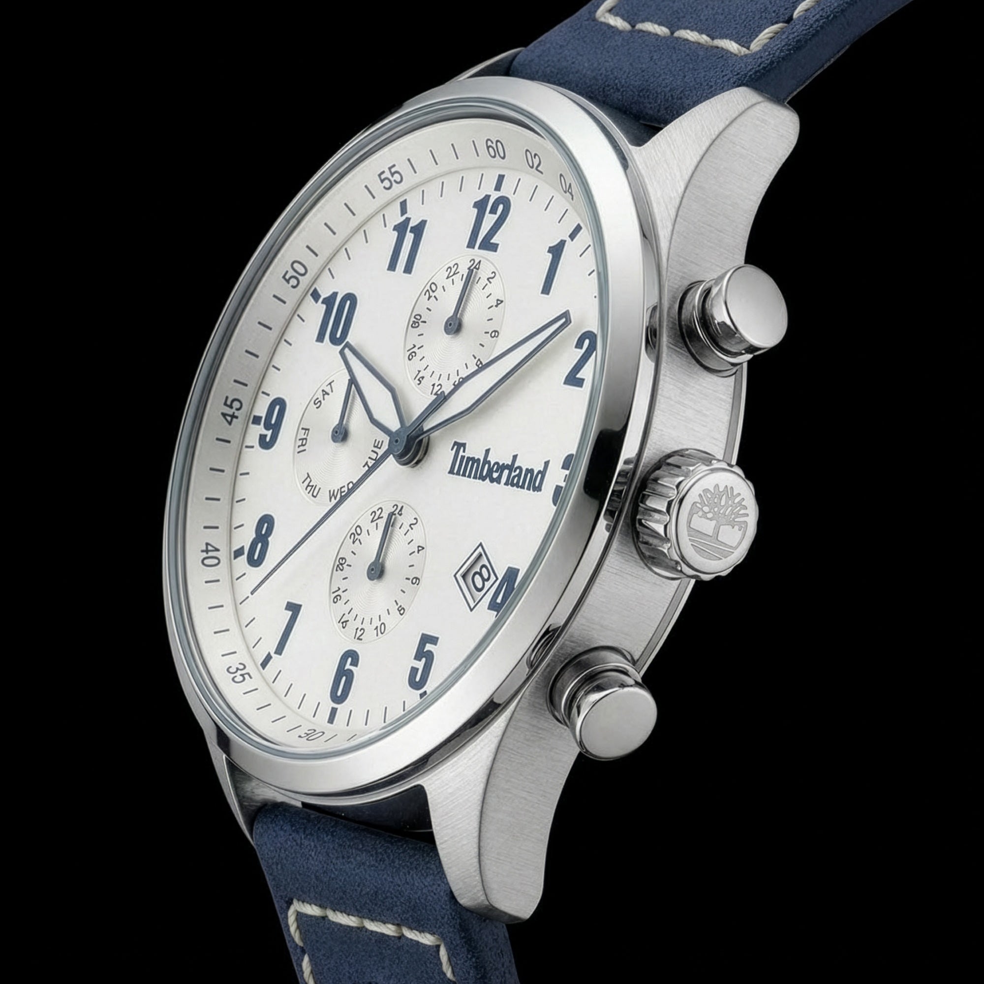 Side view of Timberland men's Stoughton silver dial blue leather watch.