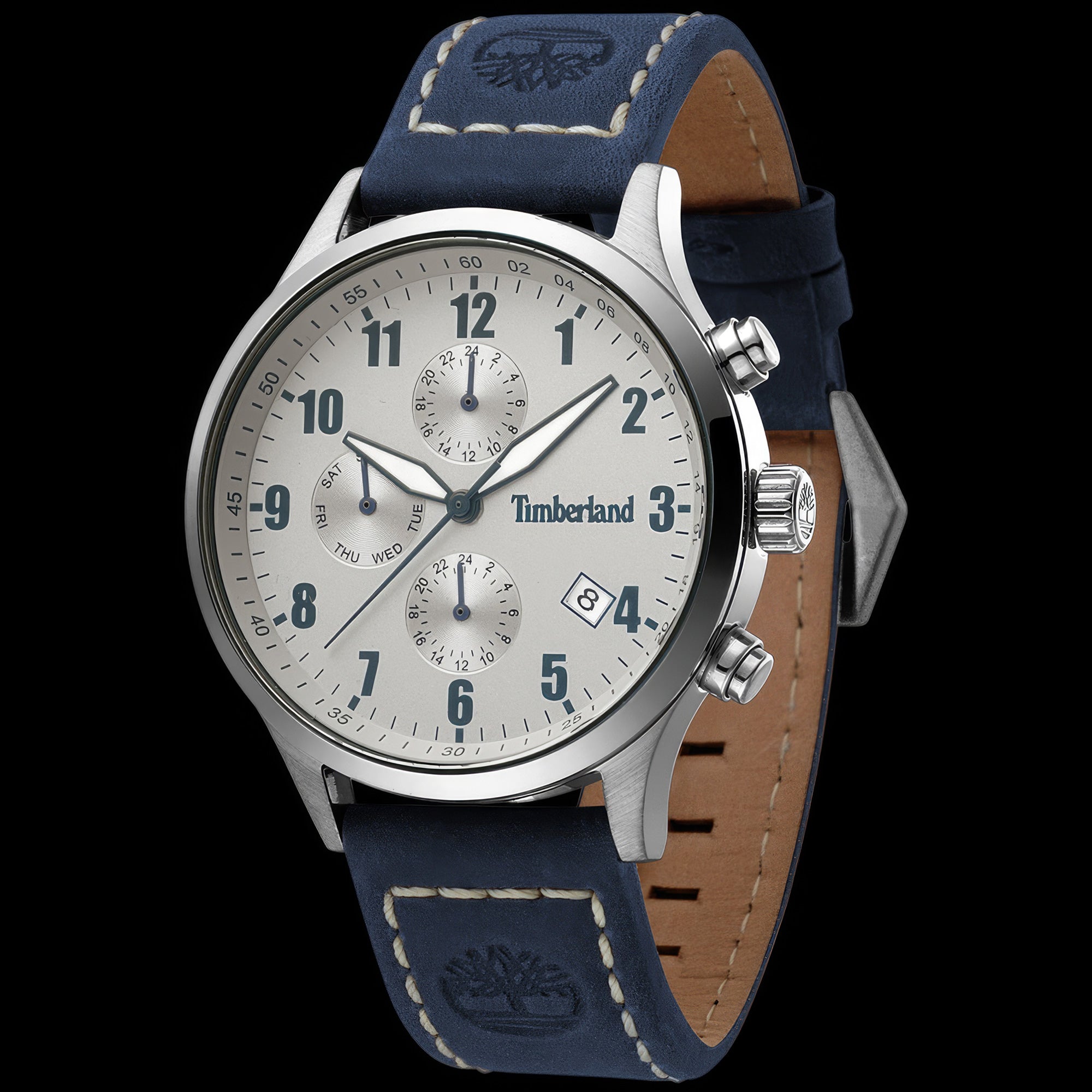 Timberland men's Stoughton silver dial blue leather watch tilted to the left.
