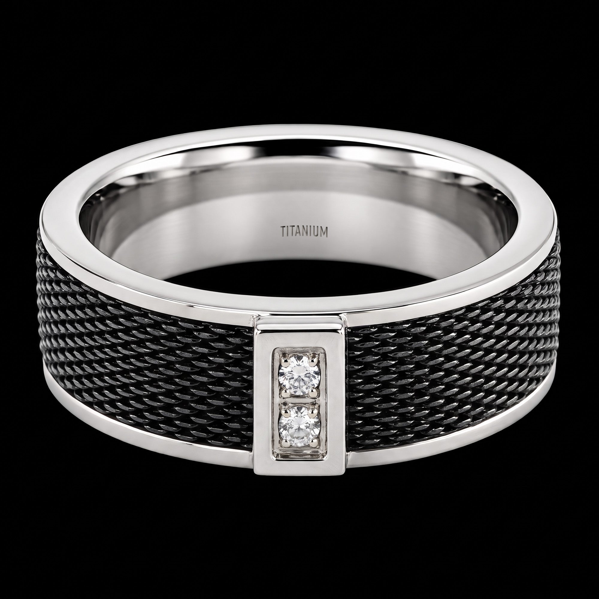Front view of a titanium black mesh twin CZ men's ring.