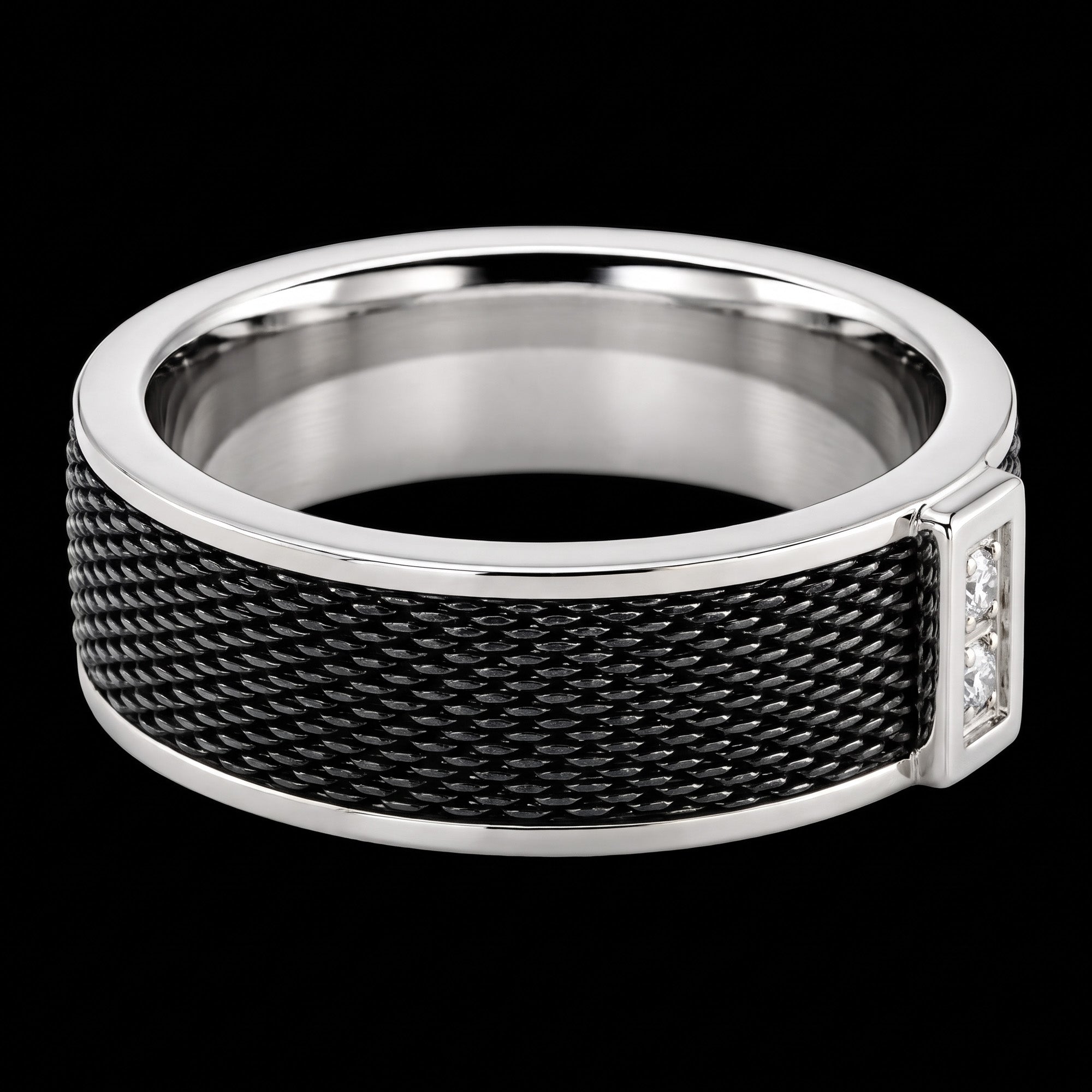 Side view of a titanium black mesh twin CZ men's ring.