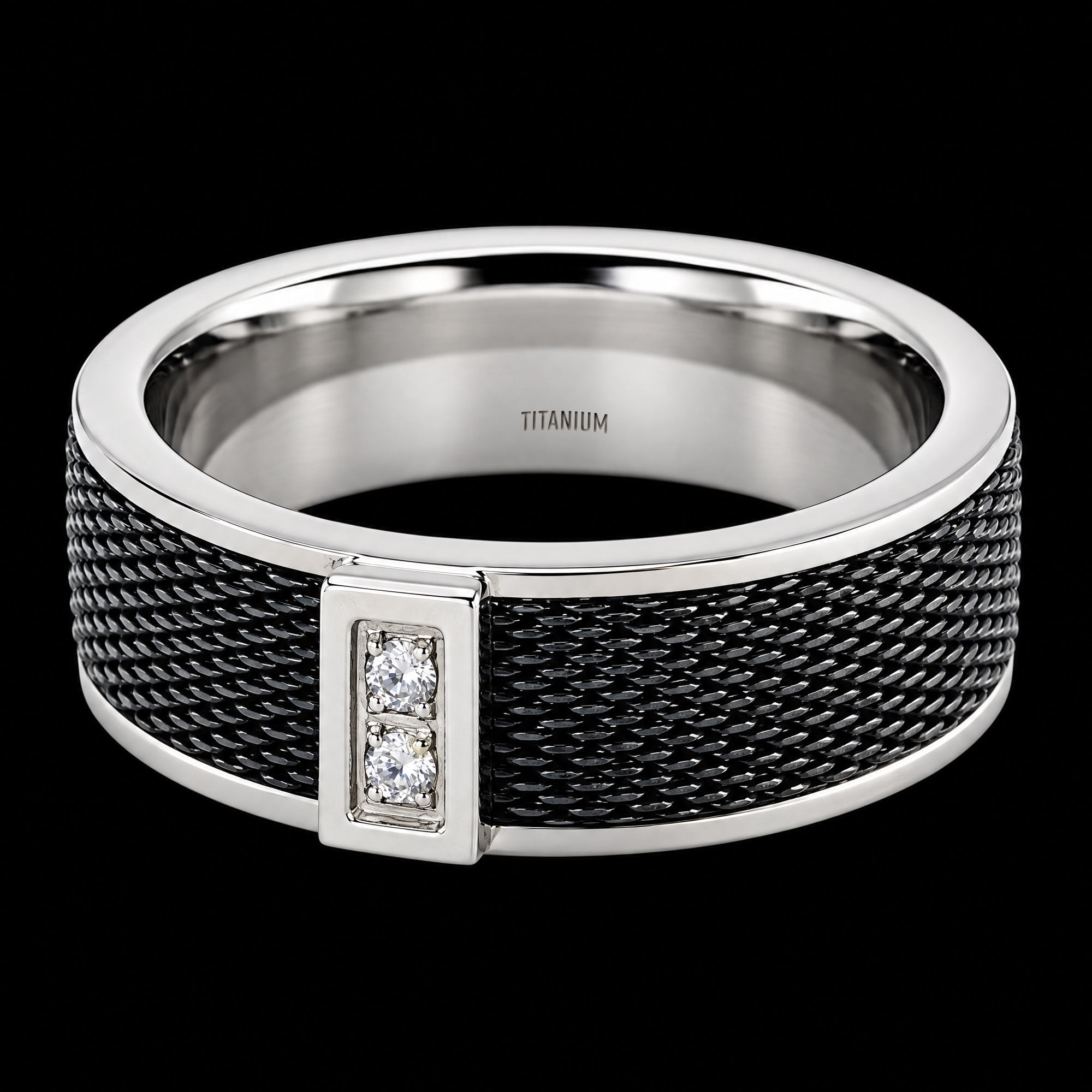 Titanium Black Mesh Twin CZ Men's Ring