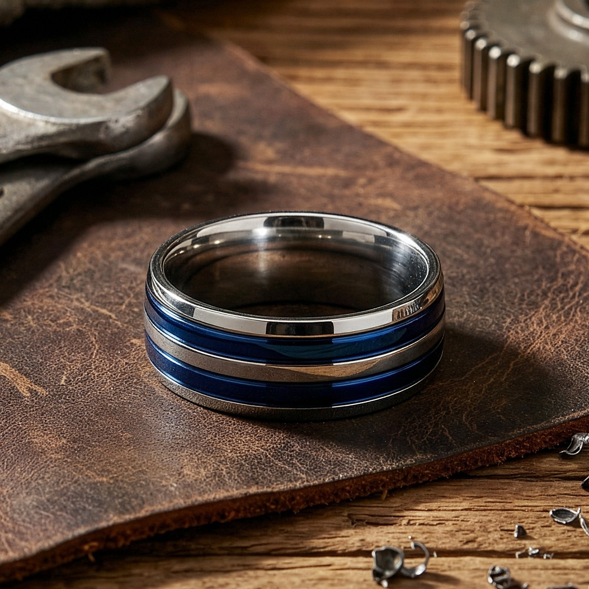Titanium men's blue multi band ring on a work bench.