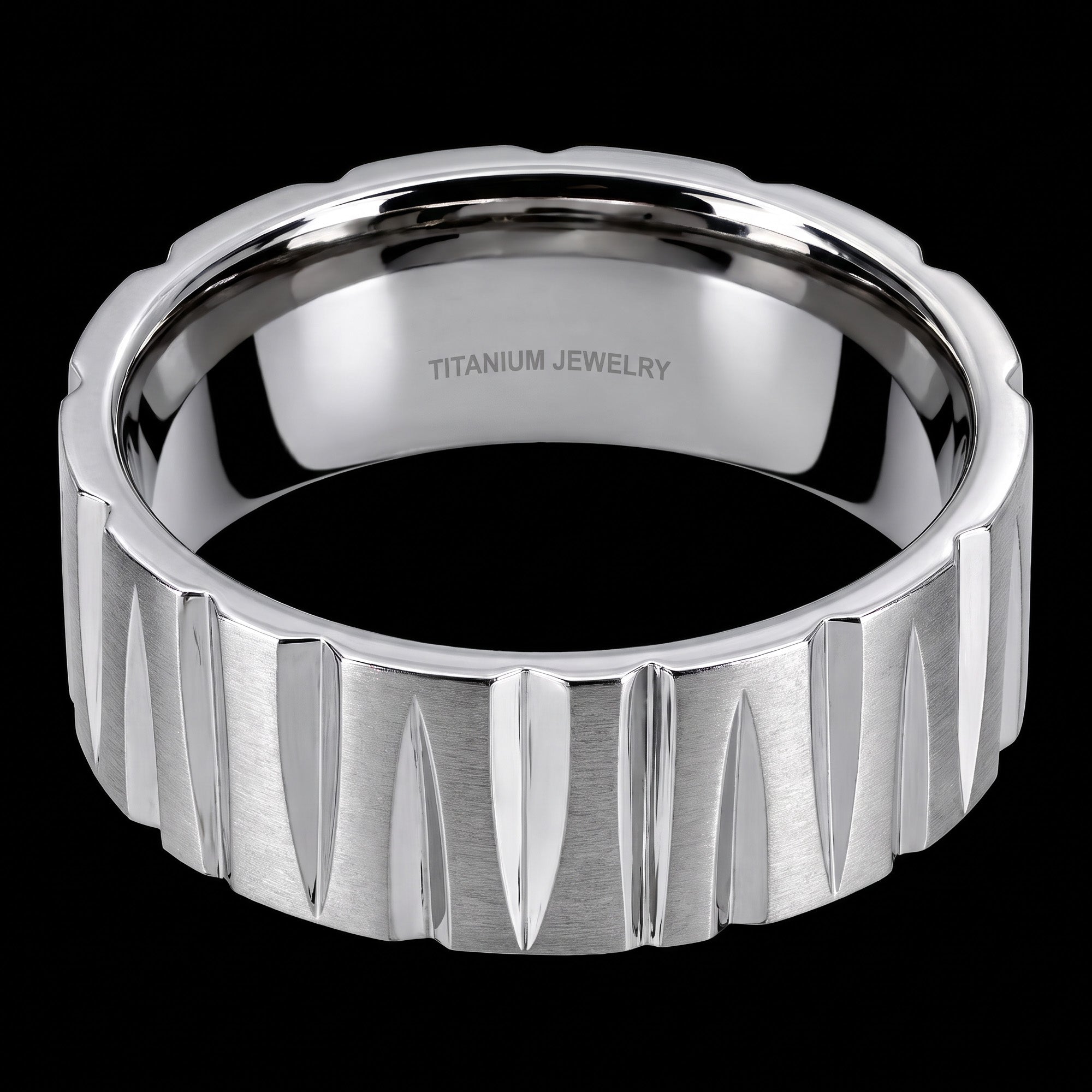 Front view of a titanium tapered groove matt finish ring.