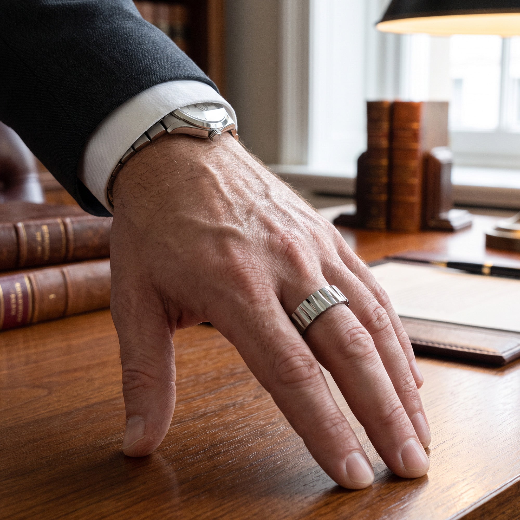 Man resting this hand on a wooden desk while wearing a titanium tapered groove matt finish ring.