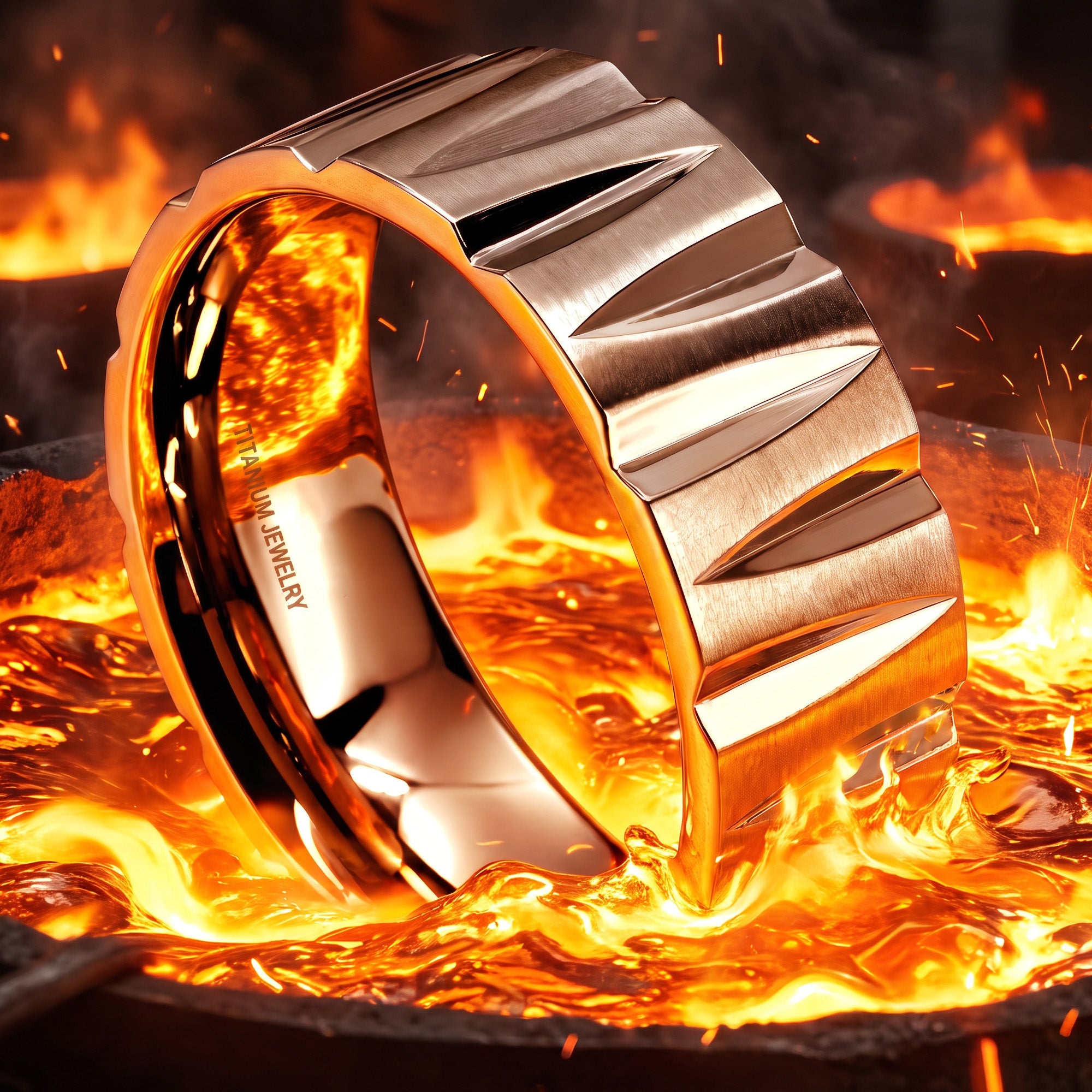 Titanium tapered groove matt finish ring floating in molten metal.