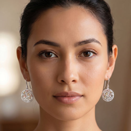 Woman wearing Engelsrufer tree of life circle filigree silver drop earrings.
