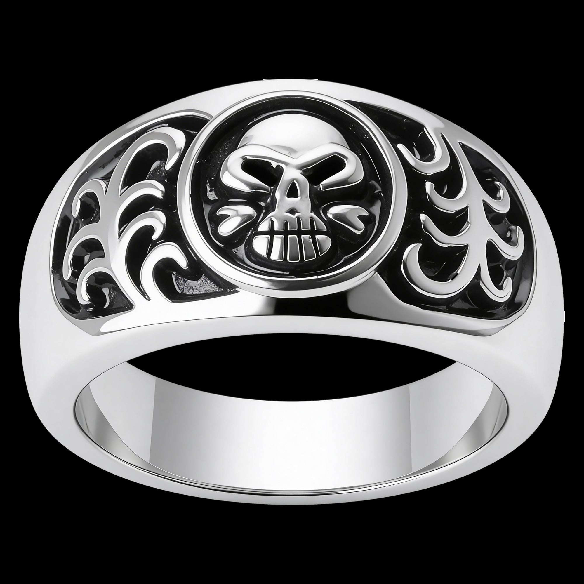 Front view of men's tribal skull stainless steel ring.