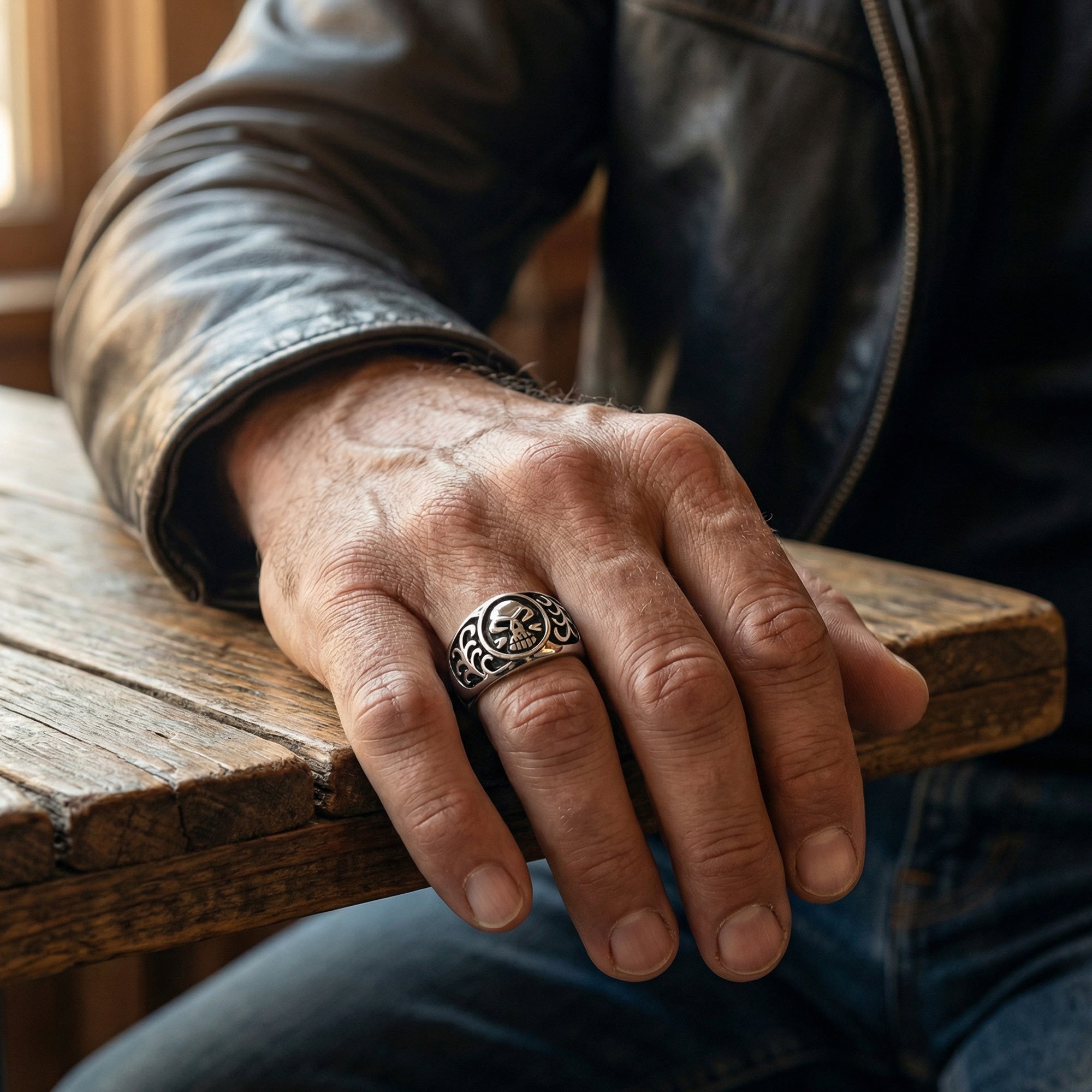 Close-up of man wearing men's tribal skull stainless steel ring while resting his hand on a wooden table.