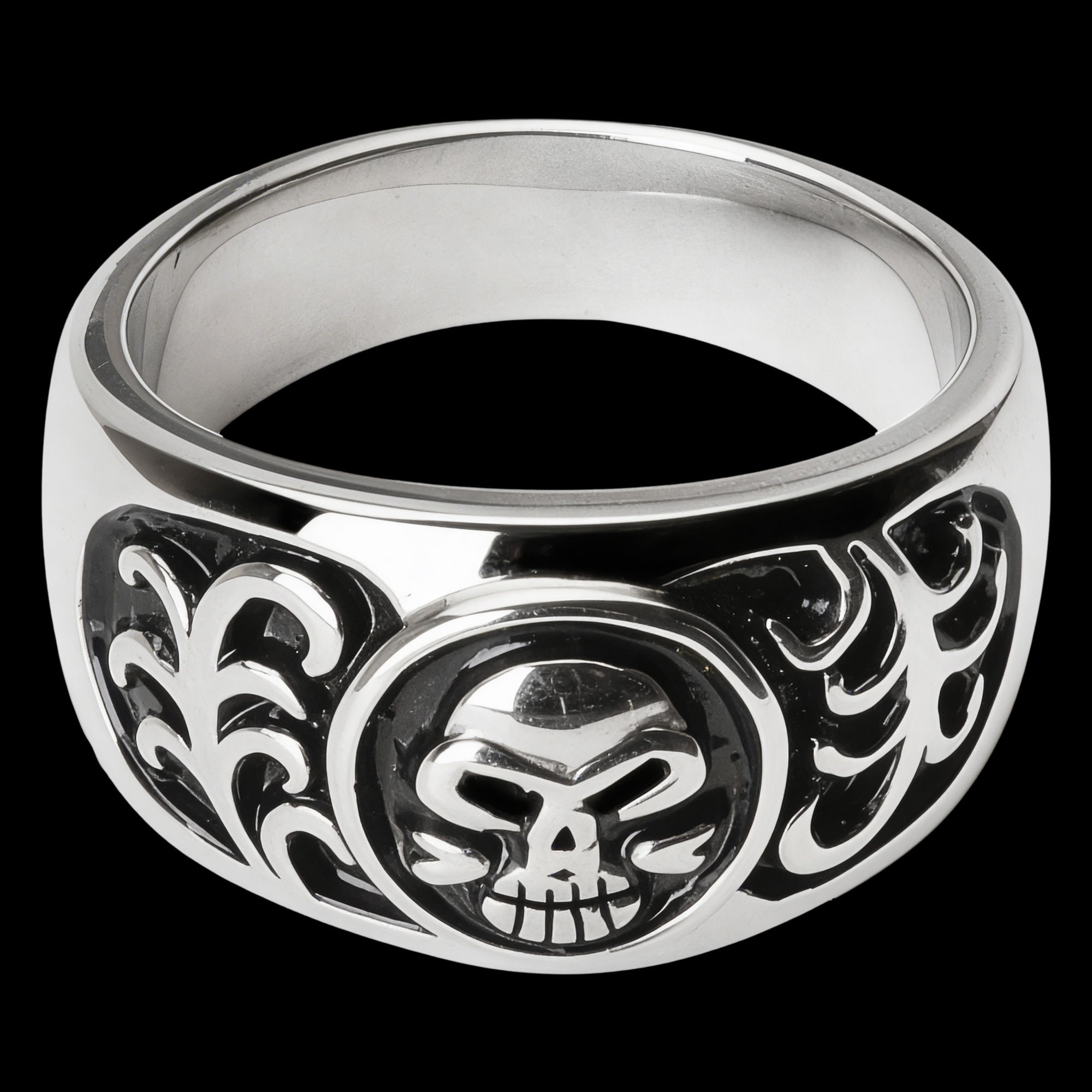 Overview of men's tribal skull stainless steel ring.