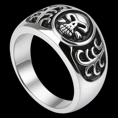 Side tilt view of men's tribal skull stainless steel ring.