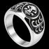Side tilt view of men's tribal skull stainless steel ring.